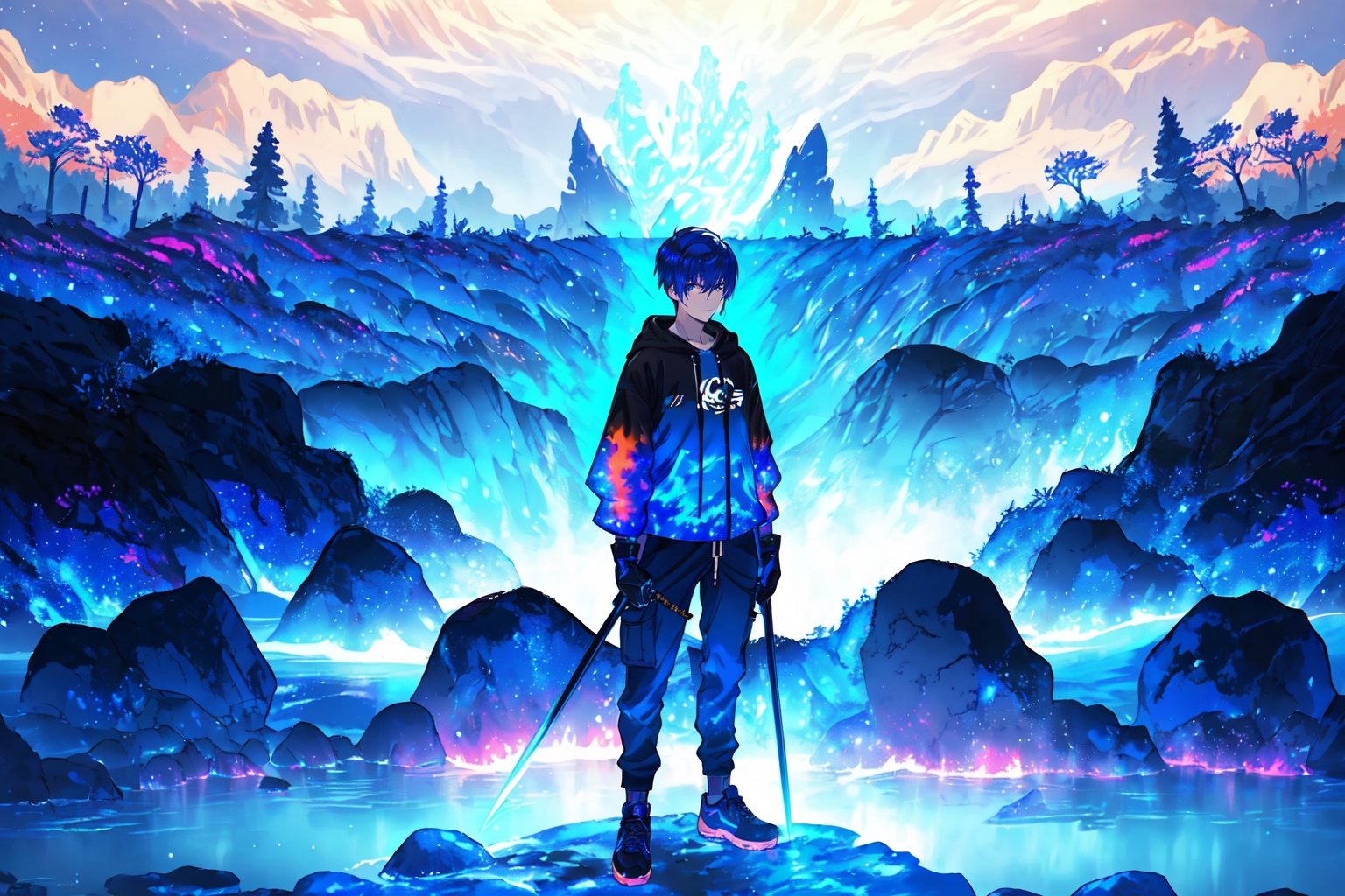 (master piece), vivid, masculine, male, 20 years old, blue pupils, wolfcut hair, multicolored hair, cyan bangs, white hoddies, cargo pants, black shoes, white gloves, white ring in middle finger right hand, black ring in middle finger lefthand, 2 white horns in head,dark skin, fire in the background, stars in the background, molten blue lava in thebackground, sixpack, lazy pose,weapon,midjourney, eyebags, fire blue scythe, smirk