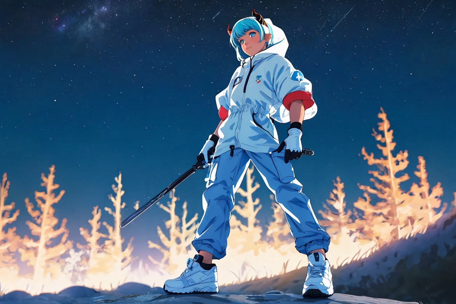 (master piece), vivid, masculine, 20 years old, blue pupils, curtaincut hair,multicolor hair, cyan bangs, white hoddies, cargo pants, black shoes, white gloves, white ring in middle finger right hand, black ring in middle finger lefthand, 2 white horns in head,light chocolate skin, fire in the background, stars in the background, sixpack, lazy pose