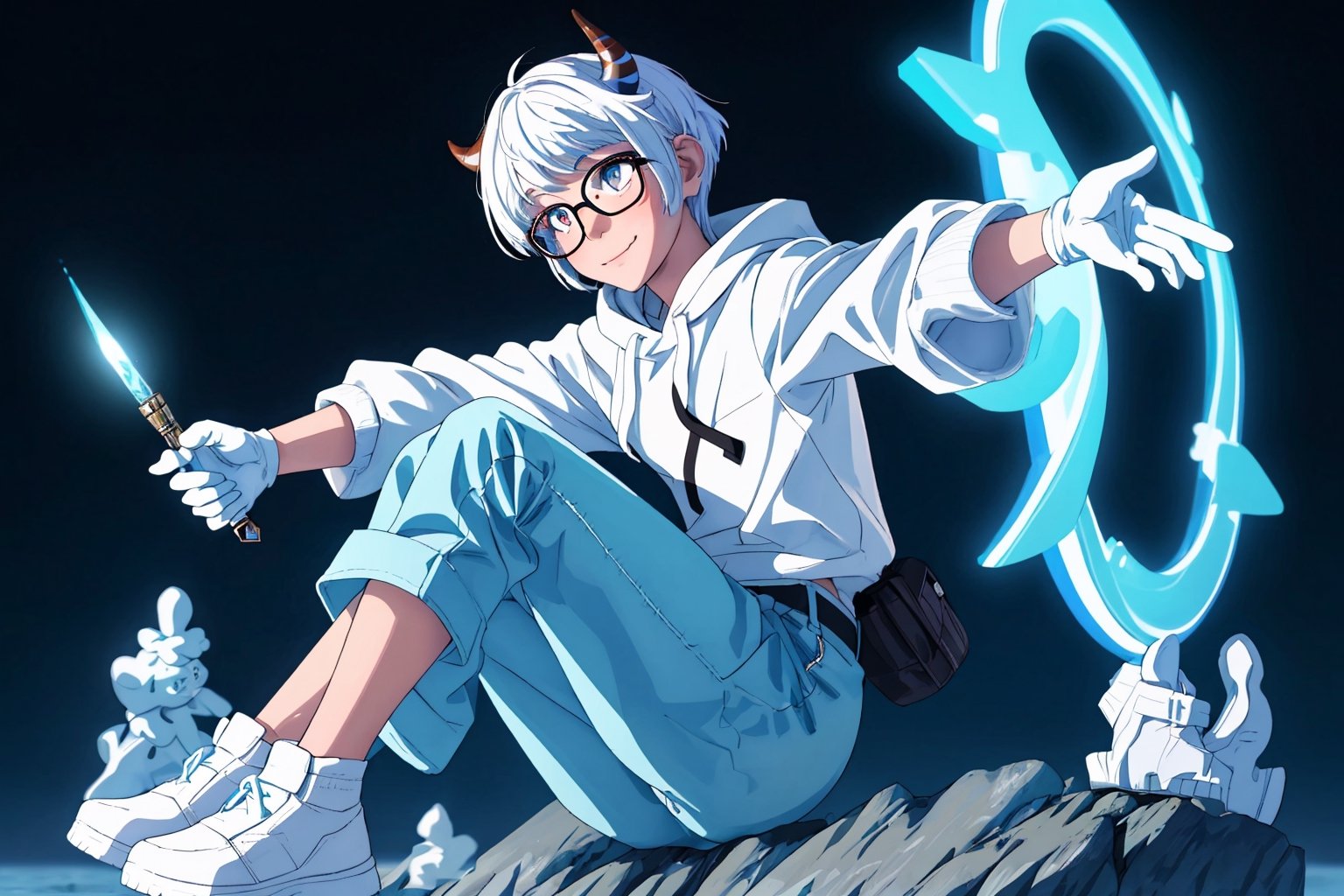 (master piece), vivid, men, 18 years old, blue pupils, white wolf aura, short wolfcut hair,multicolor hair, cyan bangs, white hoddies, cargo pants, black shoes, white gloves, white ring in middle finger right hand, black ring in middle finger lefthand, 2 white horns in head,light chocolate skin, molten blue lava in the background, stars in the background, sixpack, smirk, lazy pose, white pillow, eyeglass, eyebags