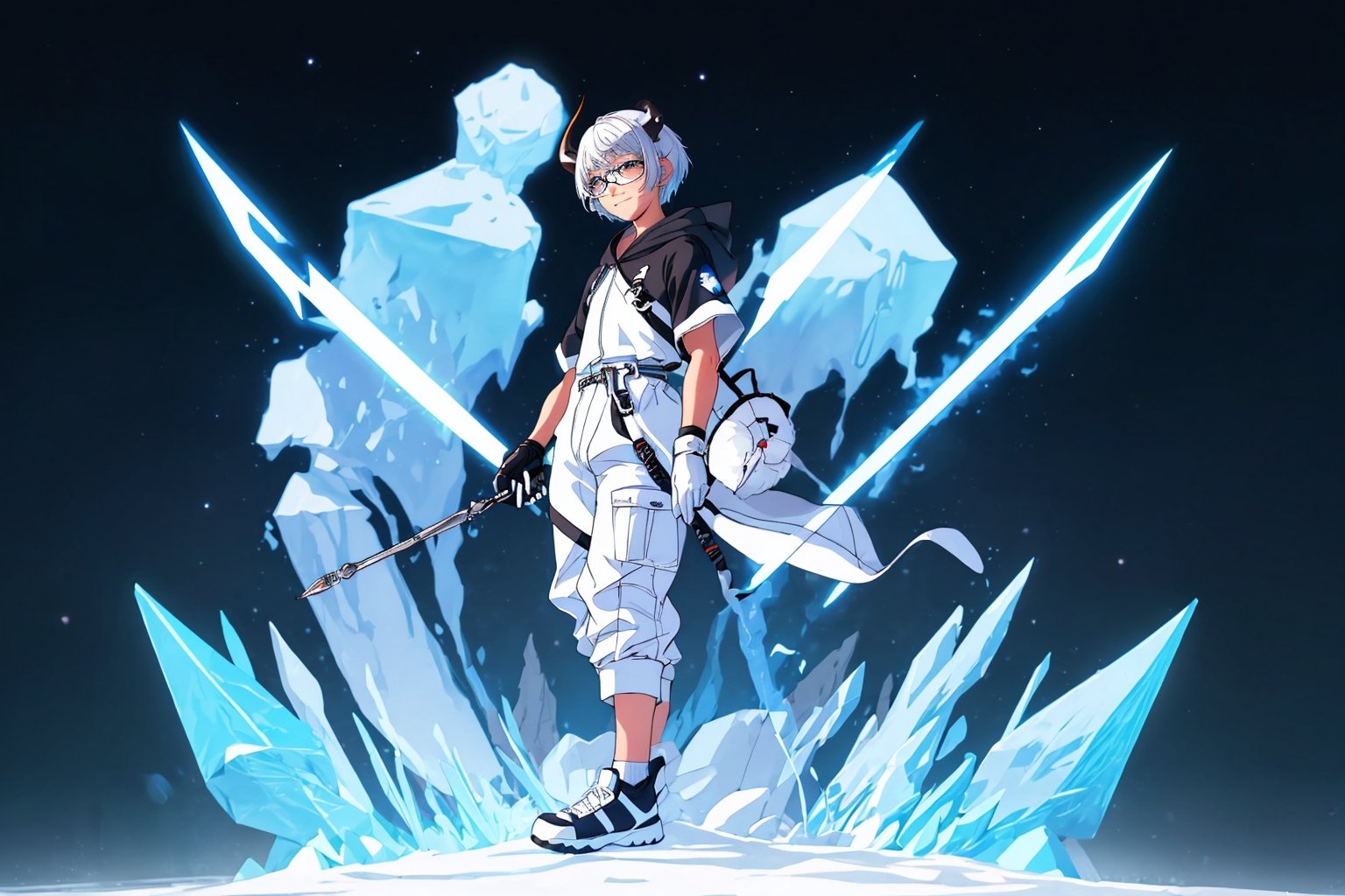 (master piece), vivid, boy, 17 years old, blue pupils, white wolf aura, short wolfcut hair,multicolor hair, cyan bangs, white hoddies, cargo pants, black shoes, white gloves, white ring in middle finger right hand, black ring in middle finger lefthand, 2 white horns in head,light chocolate skin, molten blue lava in the background, stars in the background, sixpack, smirk,weapon, lazy pose, white pillow, eyeglass, eyebags,schyte