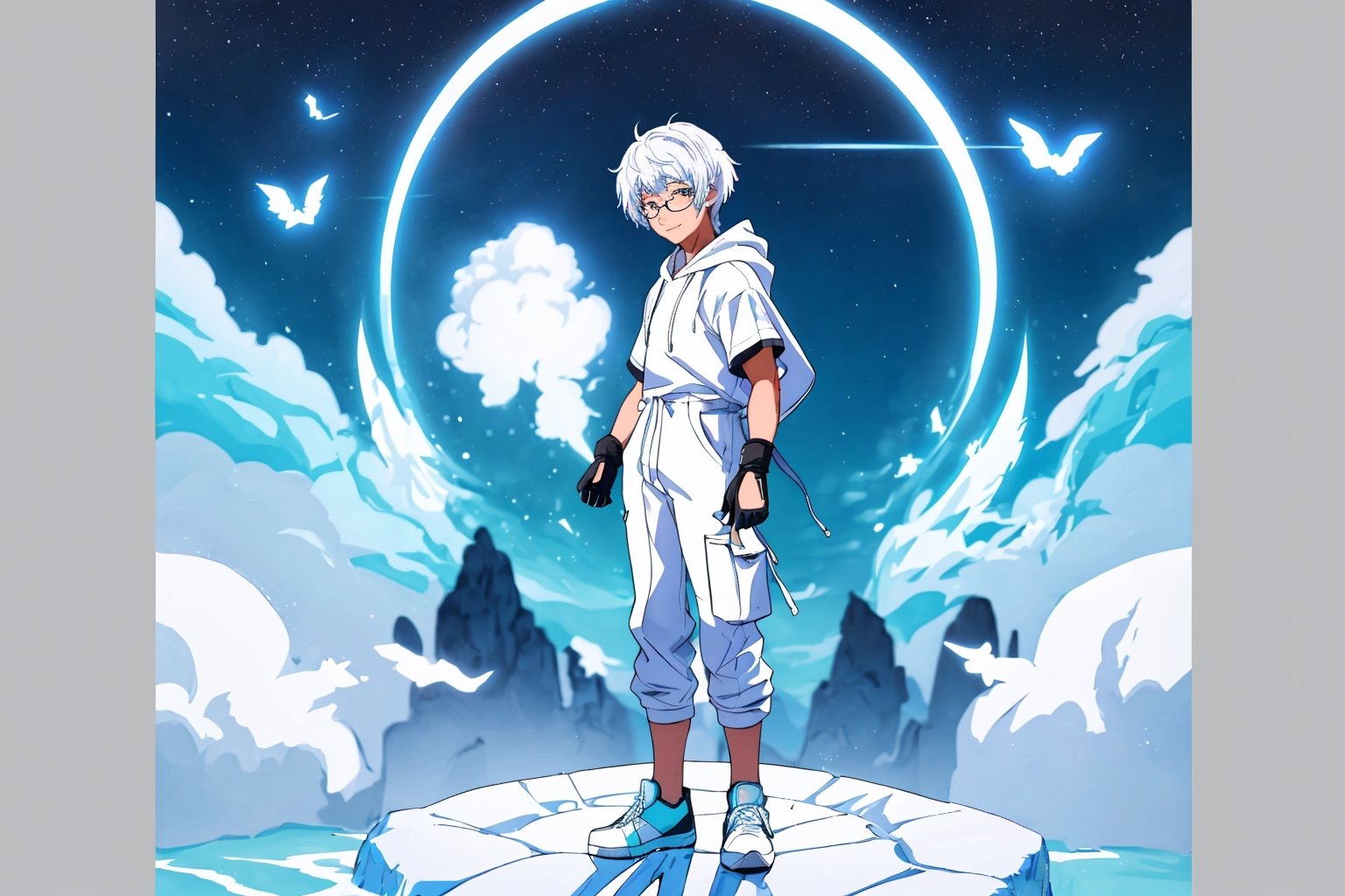 (master piece), vivid, men, 20 years old, blue pupils, white wolf aura, short wolfcut hair,multicolor hair, cyan bangs, white hoddies, cargo pants, black shoes, white gloves, white ring in middle finger right hand, black ring in middle finger lefthand, 2 white horns in head,light chocolate skin, molten blue lava in the background, stars in the background, sixpack, smirk, lazy pose, white pillow, eyeglass, eyebags