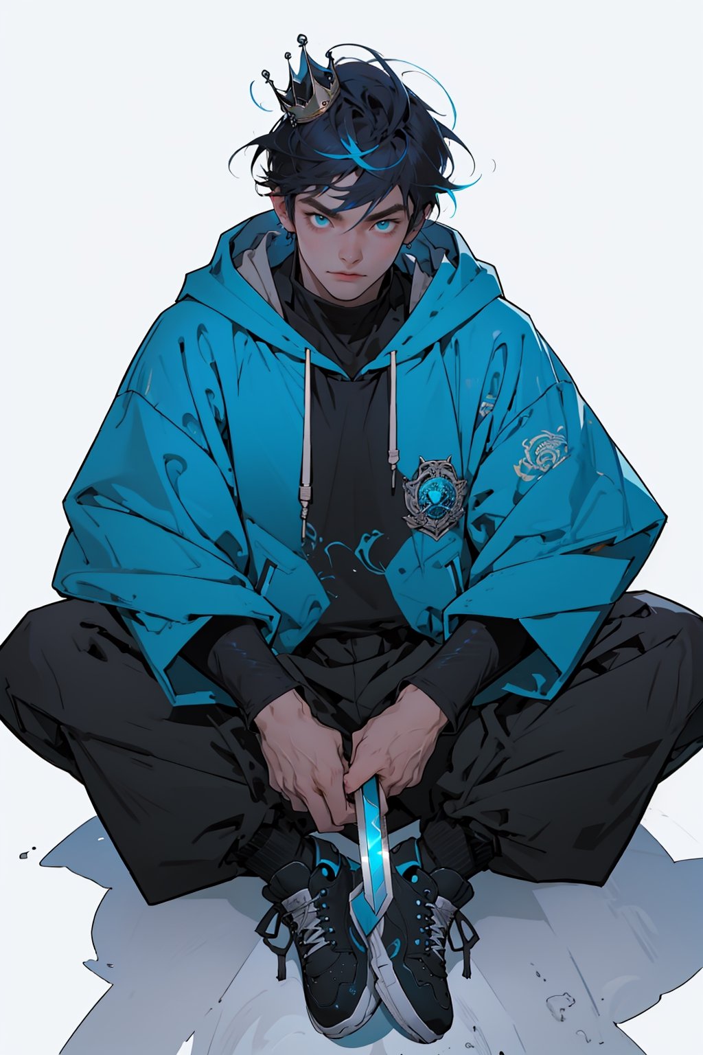(master piece), vivid, man, male, 20 years old, blue pupils, Comma hair, multicolored hair, cyan bangs, oversized cyan hoodie, cargo pants, black shoes, white gloves, white ring in middle finger right hand, black ring in middle finger lefthand, light brown skin, white background, eyebags, muscular_body, one person in frame, crown, face focus portrait, hand in pocket,perfect, swords
,1boy,weapon, sit pose, big blue wolf in background