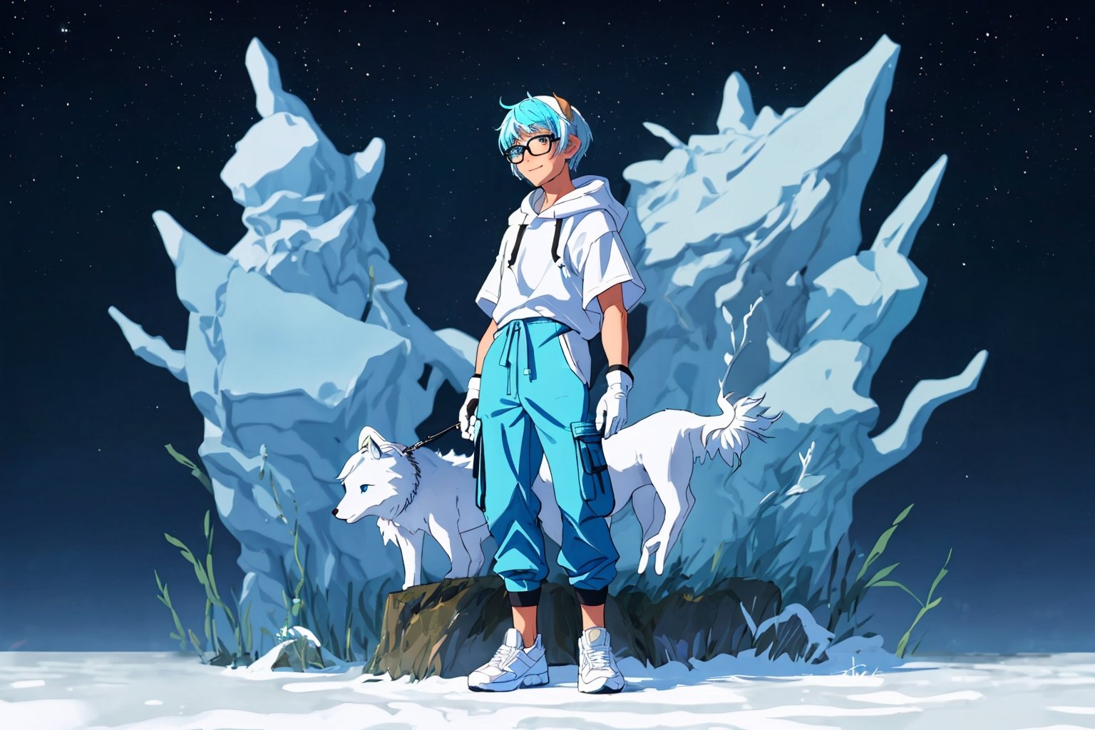 (master piece), vivid, men, 20 years old, blue pupils, white wolf aura, short wolfcut hair,multicolor hair, cyan bangs, white hoddies, cargo pants, black shoes, white gloves, white ring in middle finger right hand, black ring in middle finger lefthand, 2 white horns in head,light chocolate skin, molten blue lava in the background, stars in the background, sixpack, smirk, lazy pose, white pillow, eyeglass, eyebags