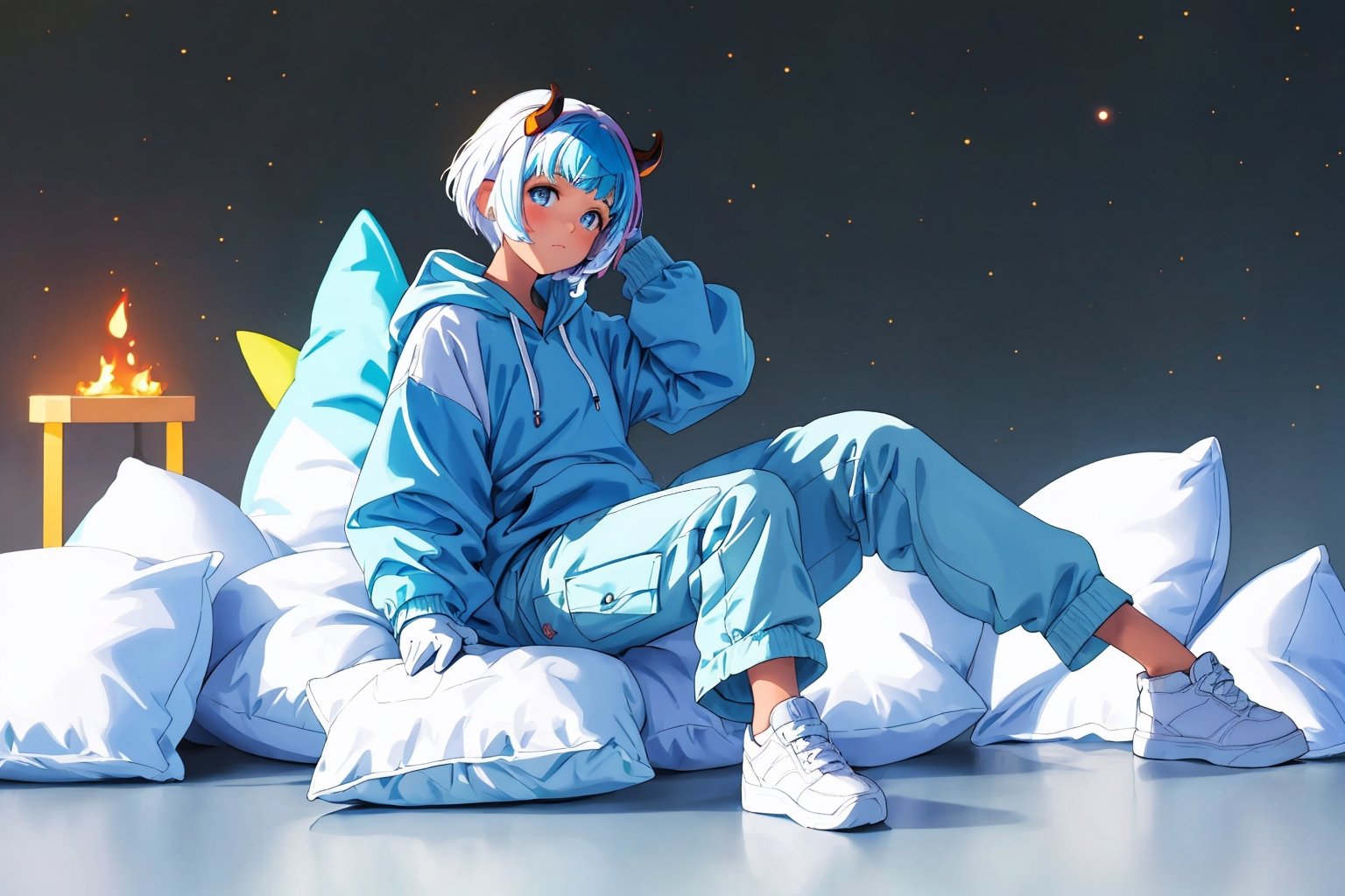 (master piece), vivid, manly, 25 years old, blue pupils, wavi short hair,multicolor hair, cyan bangs, white hoddies, cargo pants, black shoes, white gloves, white ring in middle finger right hand, black ring in middle finger lefthand, 2 white horns in head,light chocolate skin, fire in the background, stars in the background, sixpack, lazy pose, white pillow, 