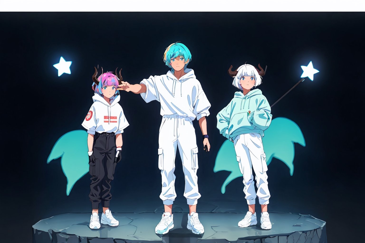 (master piece), vivid, manly, 25 years old, blue pupils, wavi short hair,multicolor hair, cyan bangs, white hoddies, cargo pants, black shoes, white gloves, white ring in middle finger right hand, black ring in middle finger lefthand, 2 white horns in head,light chocolate skin, fire in the background, stars in the background, sixpack, lazy pose, white pillow, 