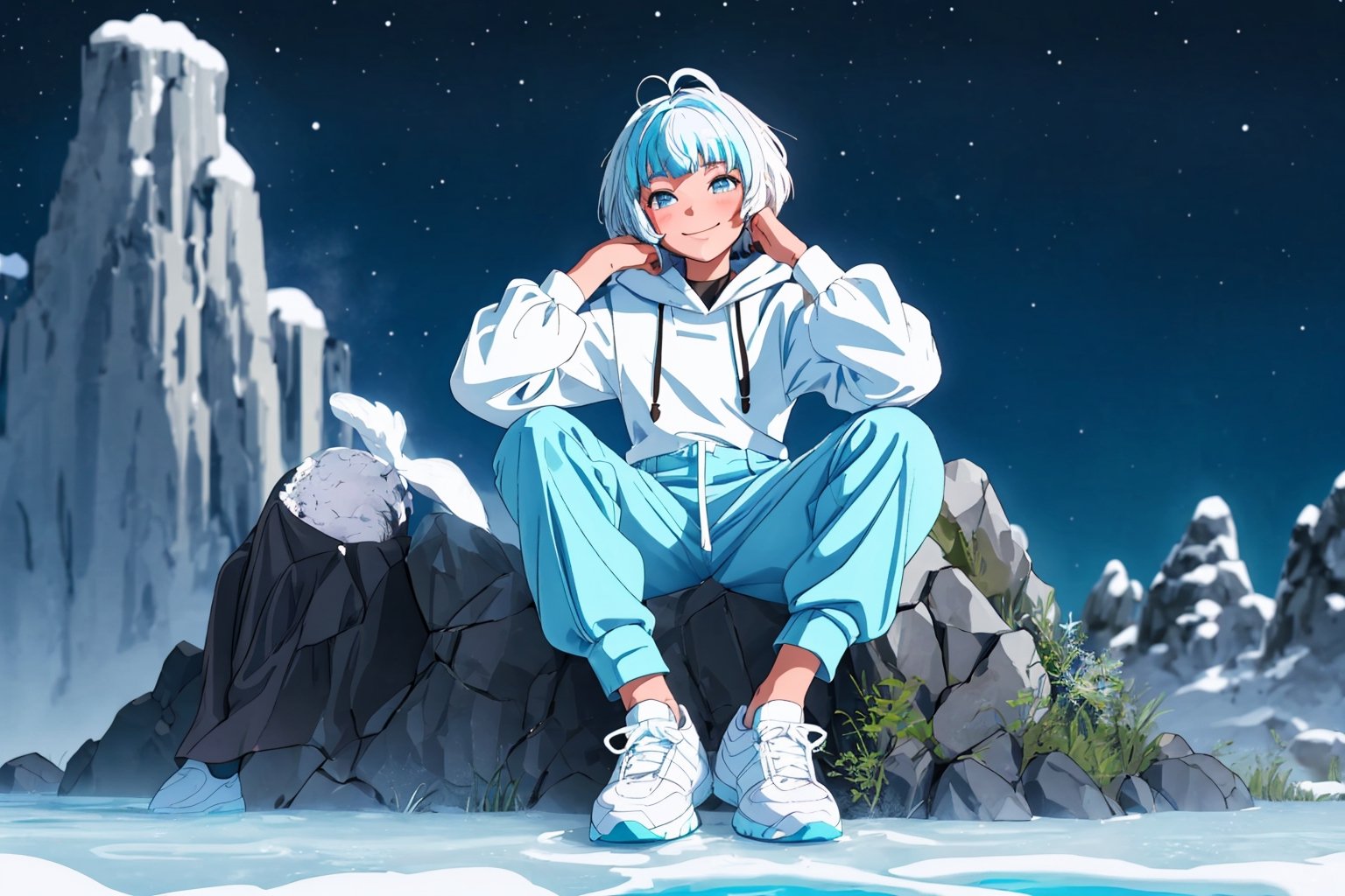 (master piece), vivid, manly, 20 years old, blue pupils, white wolf aura, wavi short hair,multicolor hair, cyan bangs, white hoddies, cargo pants, black shoes, white gloves, white ring in middle finger right hand, black ring in middle finger lefthand, 2 white horns in head,light chocolate skin, molten blue lava in the background, stars in the background, sixpack, smirk, lazy pose, white pillow, 