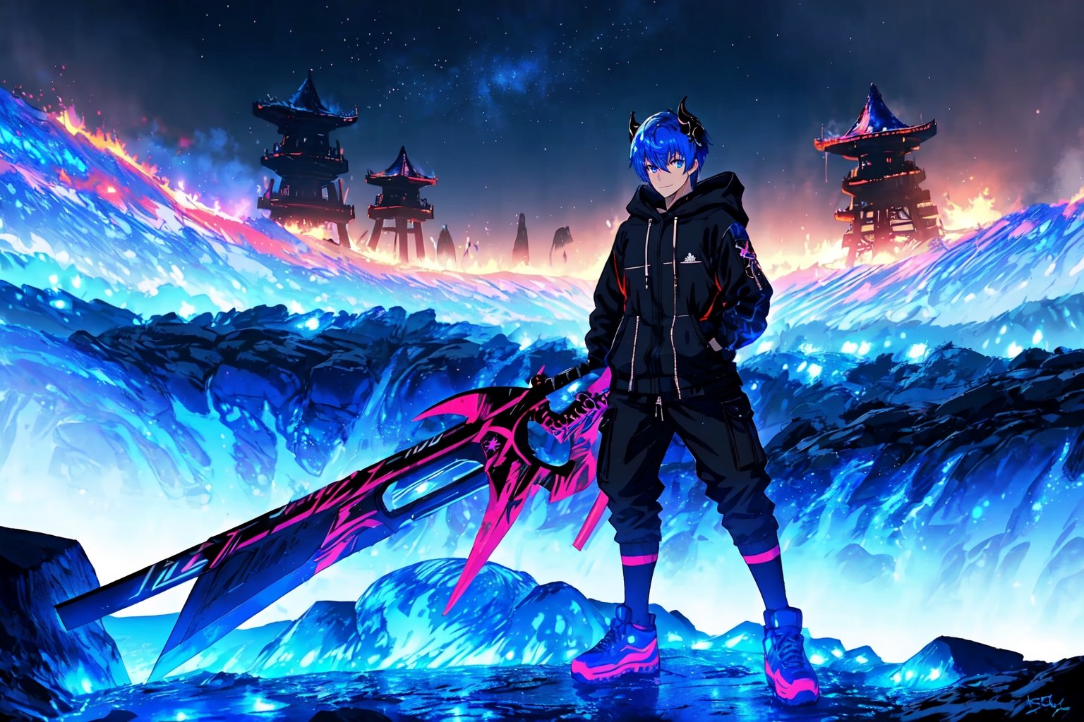 (master piece), vivid, masculine, male, 20 years old, blue pupils, wolfcut hair, multicolored hair, cyan bangs, white hoddies, cargo pants, black shoes, white gloves, white ring in middle finger right hand, black ring in middle finger lefthand, 2 white horns in head,dark skin, fire in the background, stars in the background, molten blue lava in thebackground, sixpack, lazy pose,weapon,midjourney, eyebags, fire blue scythe, smirk