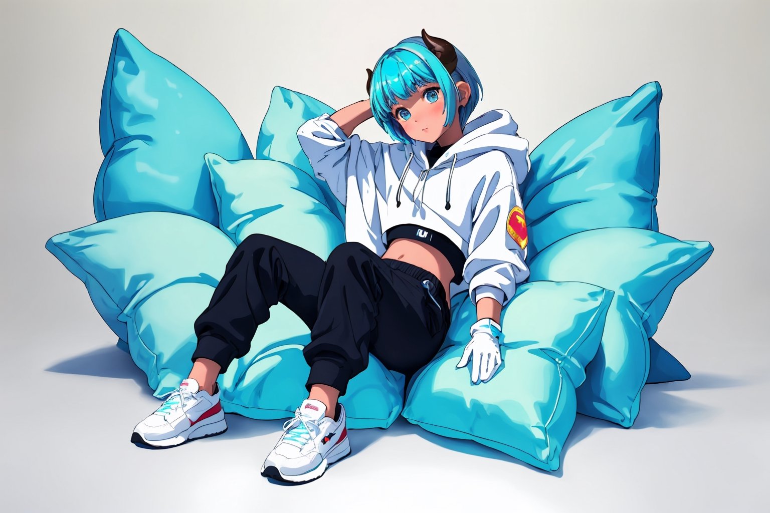 (master piece), vivid, masculine, 20 years old, blue pupils, wavi short hair,multicolor hair, cyan bangs, white hoddies, cargo pants, black shoes, white gloves, white ring in middle finger right hand, black ring in middle finger lefthand, 2 white horns in head,light chocolate skin, fire in the background, stars in the background, sixpack, lazy pose, white pillow, 