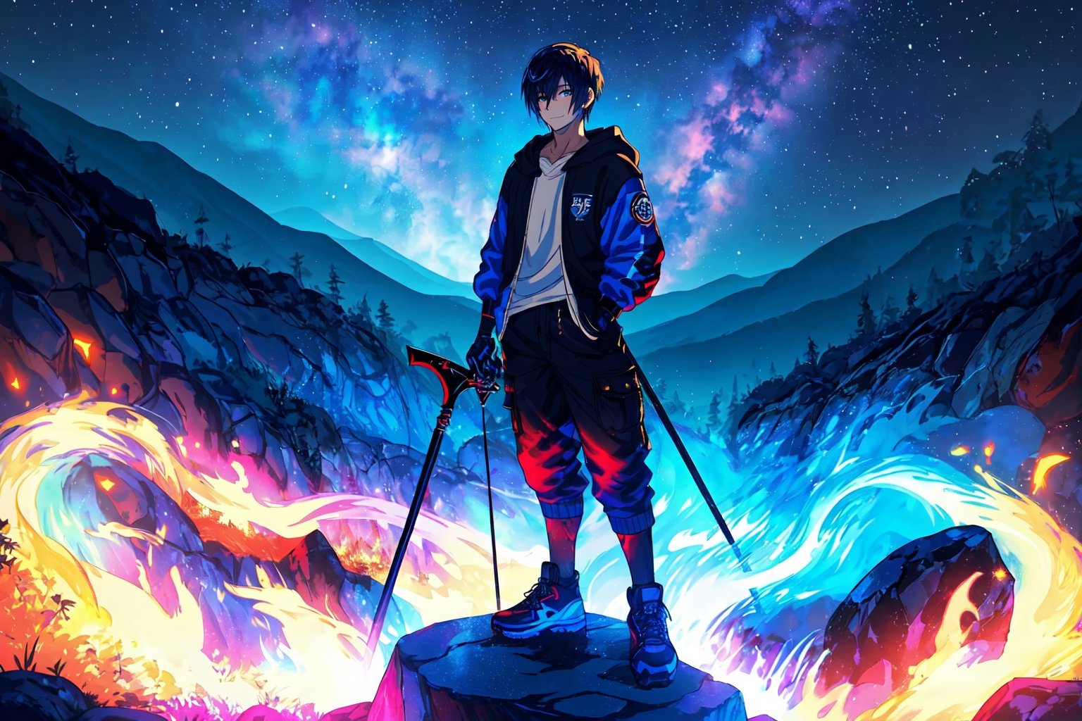 (master piece), vivid, masculine, male, 20 years old, blue pupils, wolfcut hair, multicolored hair, cyan bangs, white hoddies, cargo pants, black shoes, white gloves, white ring in middle finger right hand, black ring in middle finger lefthand, 2 white horns in head, dark skin, fire in the background, stars in the background, molten blue lava in thebackground, sixpack, lazy pose,weapon,midjourney, eyebags, fire blue scythe, smirk, mazda rx7
