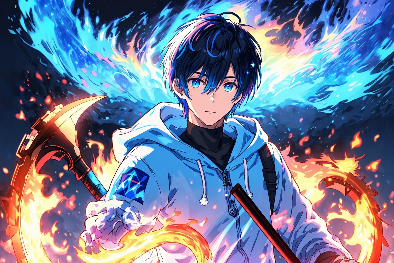 (master piece), vivid, masculine, male, 20 years old, blue pupils, wolfcut hair, multicolored hair, cyan bangs, white hoddies, cargo pants, black shoes, white gloves, white ring in middle finger right hand, black ring in middle finger lefthand, 2 white horns in head,chocolate skin, fire in the background, stars in the background, molten blue lava in thebackground, sixpack, lazy pose,weapon,midjourney, eyebags, fire blue scythe,