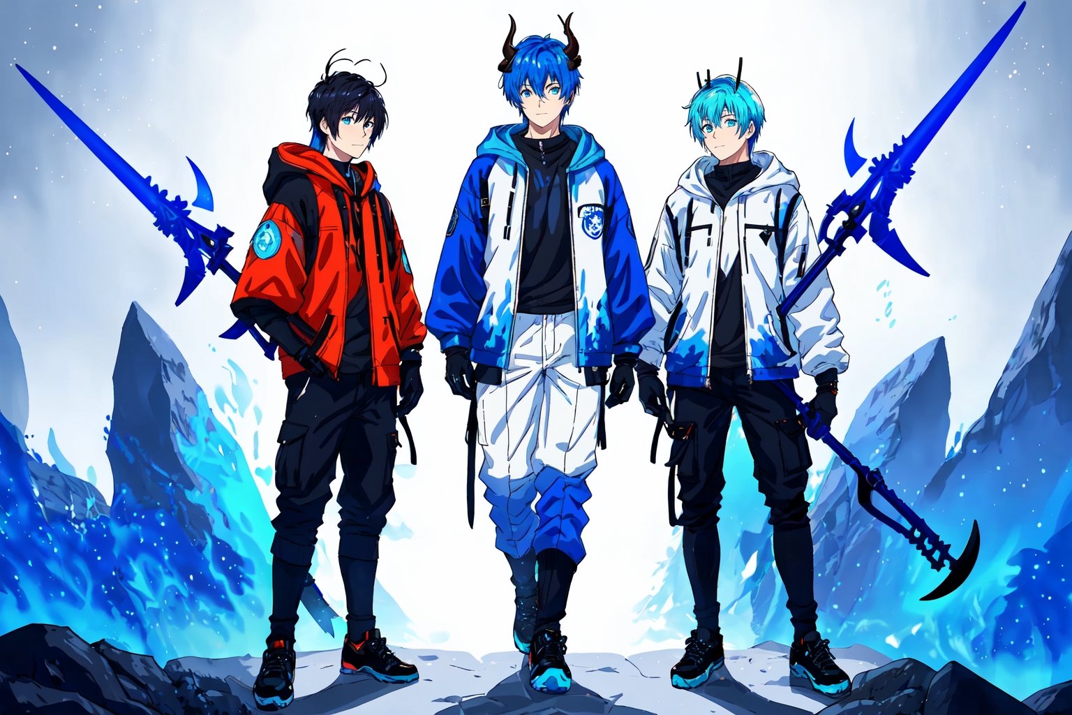 (master piece), vivid, masculine, male, 20 years old, blue pupils, wolfcut hair,multicolor hair, cyan bangs, white hoddies, cargo pants, black shoes, white gloves, white ring in middle finger right hand, black ring in middle finger lefthand, 2 white horns in head,chocolate skin, fire in the background, stars in the background, molten blue lava in thebackground, sixpack, lazy pose,weapon,midjourney, eyebags, fire blue scythe,