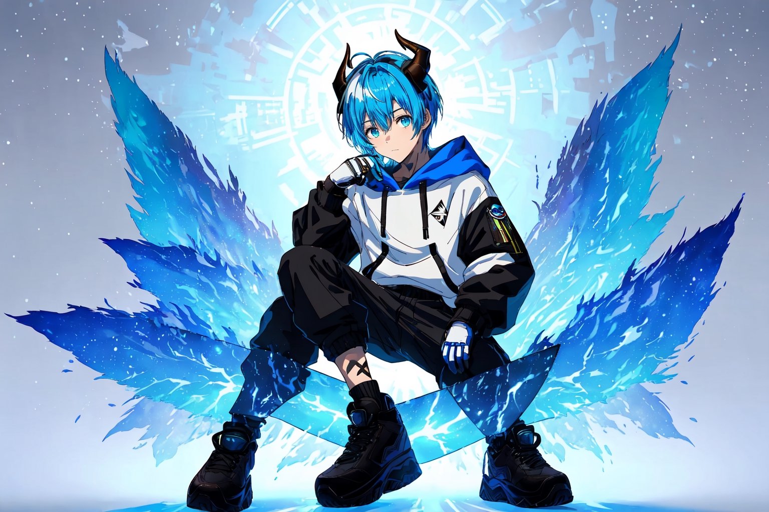 (master piece), vivid, masculine, male, 20 years old, blue pupils, wolfcut hair,multicolor hair, cyan bangs, white hoddies, cargo pants, black shoes, white gloves, white ring in middle finger right hand, black ring in middle finger lefthand, 2 white horns in head,chocolate skin, fire in the background, stars in the background, sixpack, lazy pose,weapon,midjourney