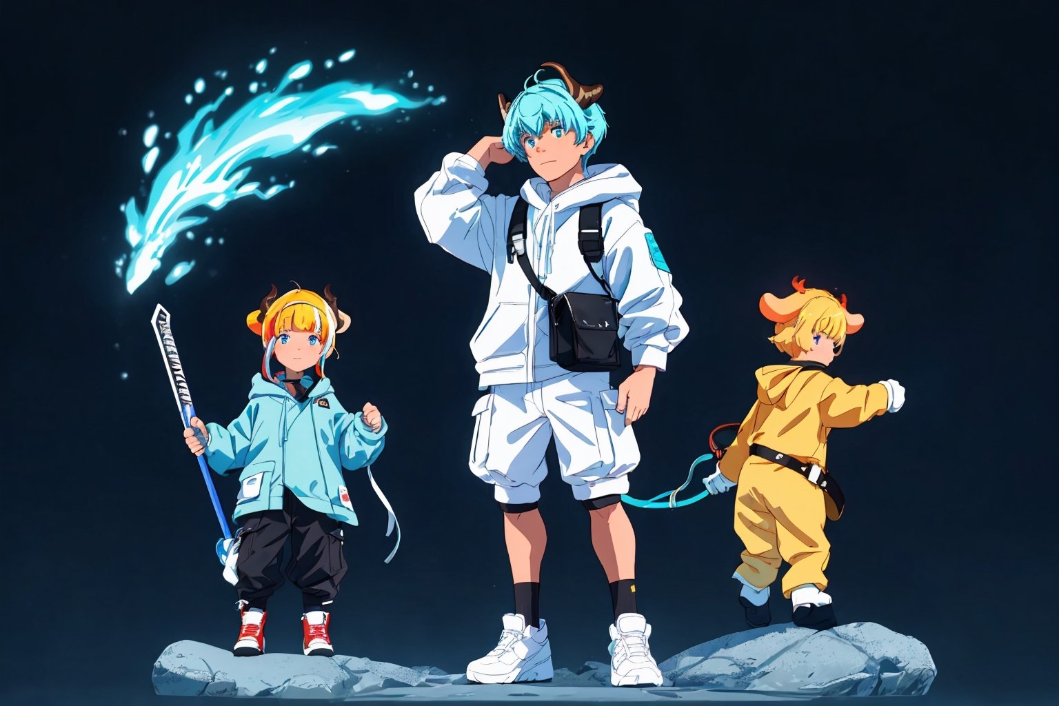 (master piece), vivid, masculine, male, 20 years old, blue pupils, curtaincut hair,multicolor hair, cyan bangs, white hoddies, cargo pants, black shoes, white gloves, white ring in middle finger right hand, black ring in middle finger lefthand, 2 white horns in head,light chocolate skin, fire in the background, stars in the background, sixpack, lazy pose,weapon