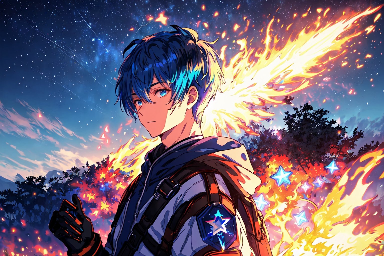 (master piece), vivid, masculine, male, 20 years old, blue pupils, wolfcut hair,multicolor hair, cyan bangs, white hoddies, cargo pants, black shoes, white gloves, white ring in middle finger right hand, black ring in middle finger lefthand, 2 white horns in head,chocolate skin, fire in the background, stars in the background, molten blue lava in thebackground, sixpack, lazy pose,weapon,midjourney, eyebags