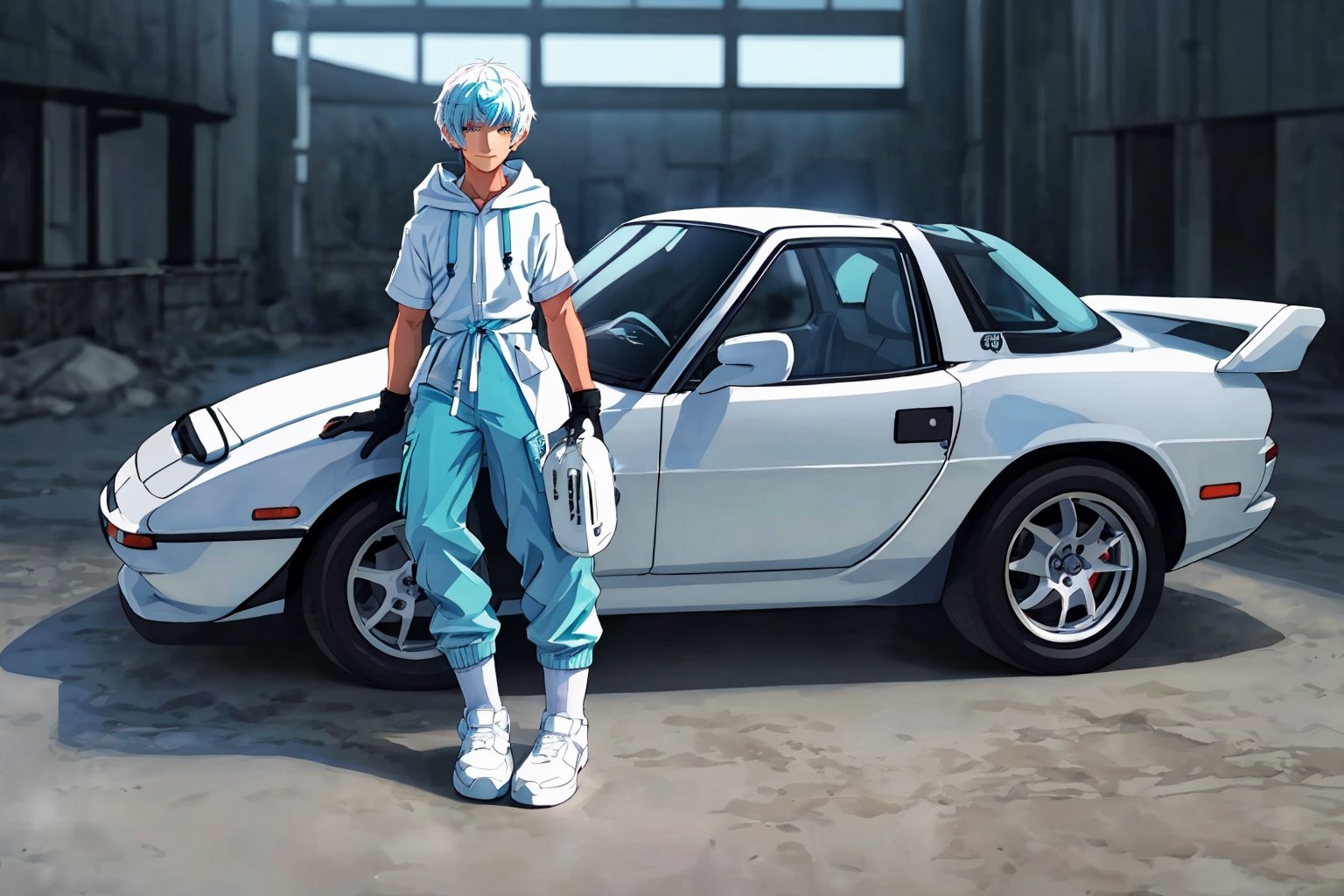 (master piece), vivid, boy, 17 years old, blue pupils, white wolf aura, short wolfcut hair,multicolor hair, cyan bangs, white hoddies, cargo pants, black shoes, white gloves, white ring in middle finger right hand, black ring in middle finger lefthand, 2 white horns in head,light chocolate skin, molten lava in the background, sixpack, smirk,weapon, lazy pose, white pillow, mazda rx7 in background, eyeglass