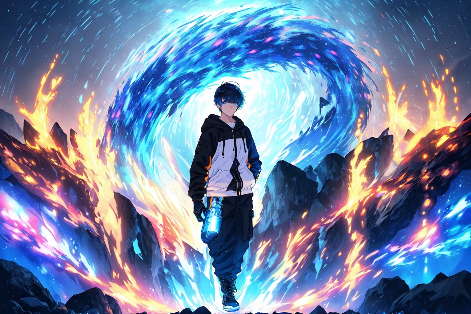 (master piece), vivid, masculine, male, 20 years old, blue pupils, curtaincut hair,multicolor hair, cyan bangs, white hoddies, cargo pants, black shoes, white gloves, white ring in middle finger right hand, black ring in middle finger lefthand, 2 white horns in head,light chocolate skin, fire in the background, stars in the background, sixpack, lazy pose,weapon,midjourney