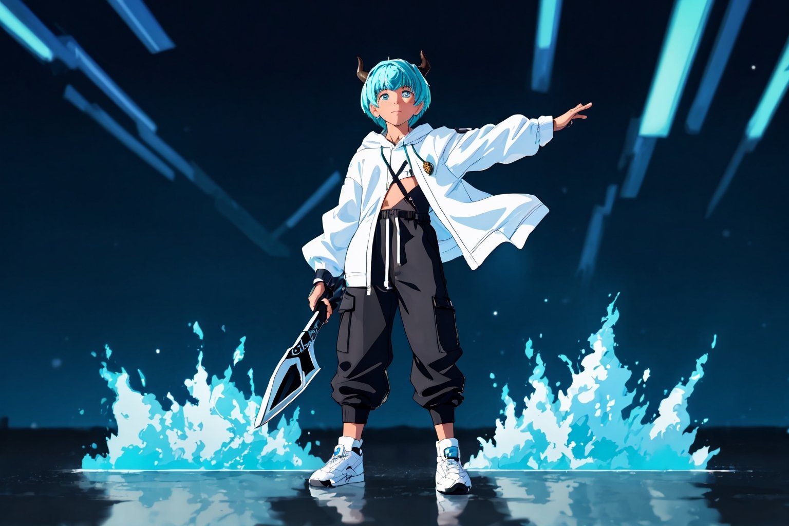 (master piece), vivid, masculine, male, 20 years old, blue pupils, curtaincut hair,multicolor hair, cyan bangs, white hoddies, cargo pants, black shoes, white gloves, white ring in middle finger right hand, black ring in middle finger lefthand, 2 white horns in head,light chocolate skin, fire in the background, stars in the background, sixpack, lazy pose,weapon