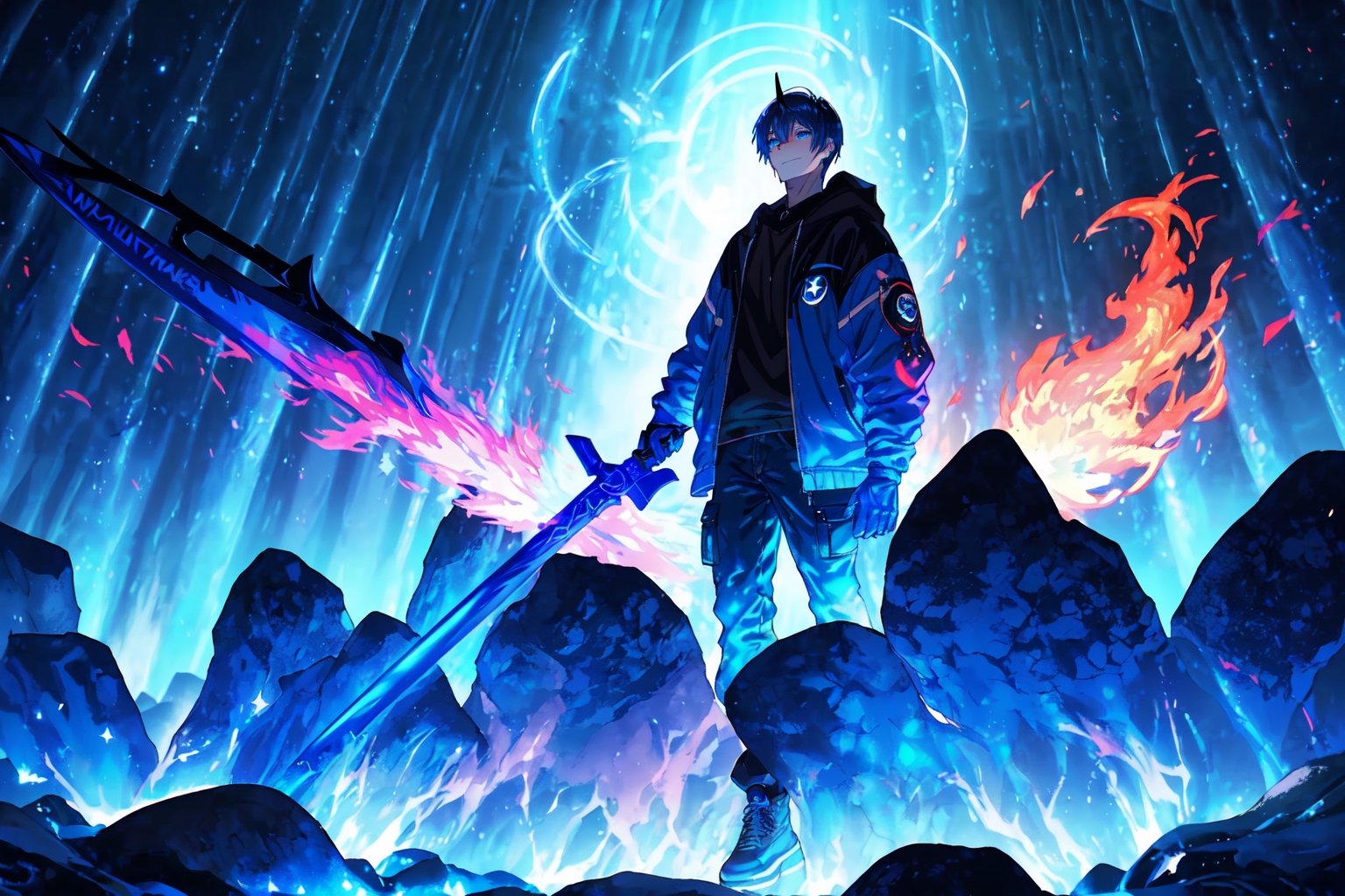 (master piece), vivid, male, 17 years old, blue pupils, wolfcut hair, multicolored hair, cyan bangs, white hoddies, cargo pants, black shoes, white gloves, white ring in middle finger right hand, black ring in middle finger lefthand, 2 white horns in head, dark skin, fire in the background, stars in the background, molten blue lava in thebackground, sixpack, lazy pose,weapon,midjourney, eyebags, fire blue scythe, smirk, mazda rx7
