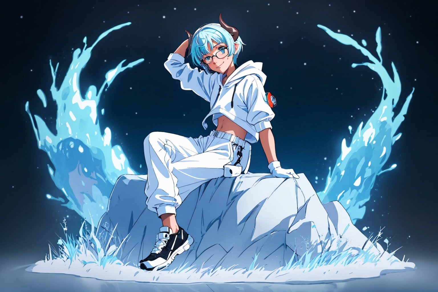 (master piece), vivid, men, 20 years old, blue pupils, white wolf aura, wavi short hair,multicolor hair, cyan bangs, white hoddies, cargo pants, black shoes, white gloves, white ring in middle finger right hand, black ring in middle finger lefthand, 2 white horns in head,light chocolate skin, molten blue lava in the background, stars in the background, sixpack, smirk, lazy pose, white pillow, eyeglass