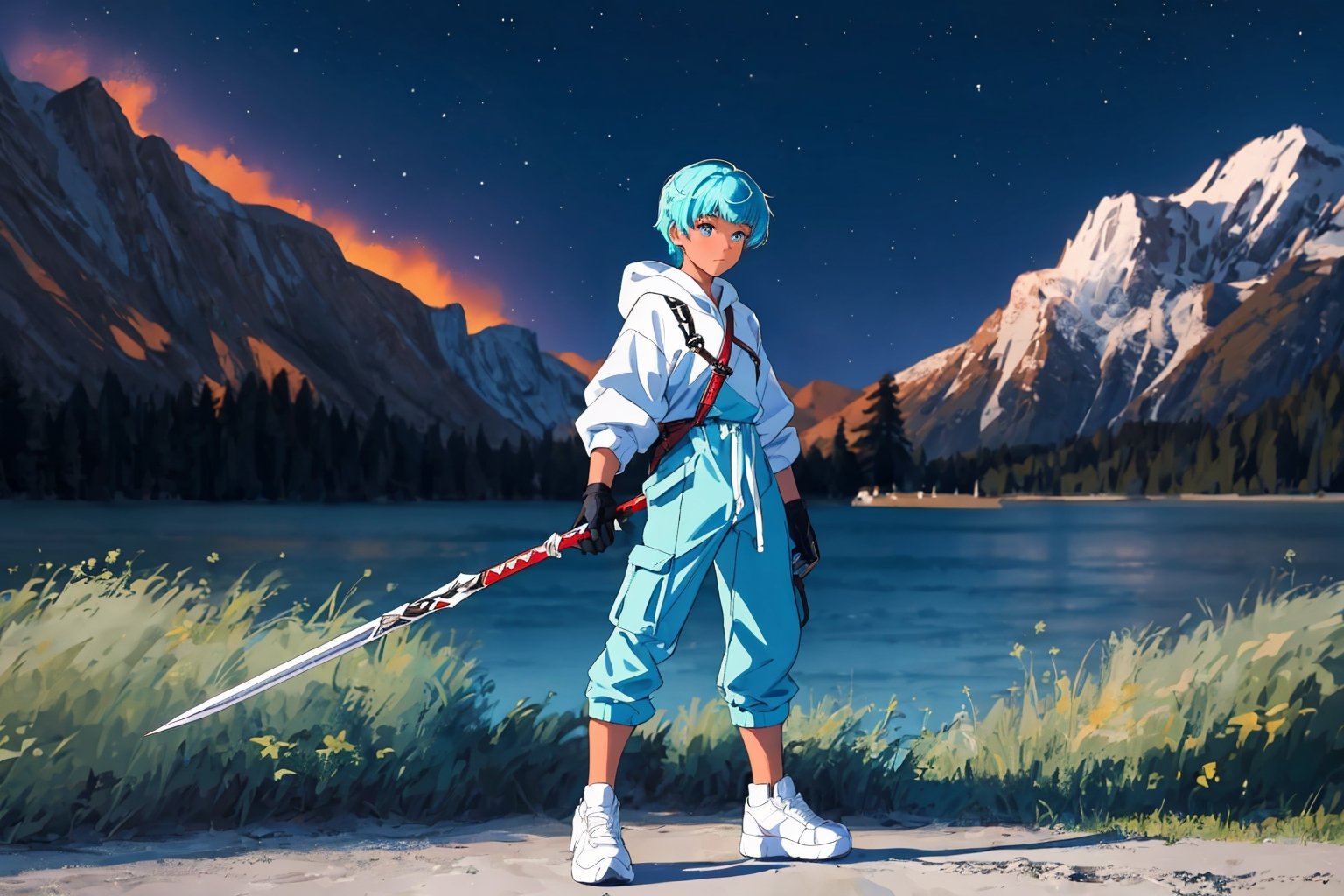 (master piece), vivid, masculine, male, 20 years old, blue pupils, curtaincut hair,multicolor hair, cyan bangs, white hoddies, cargo pants, black shoes, white gloves, white ring in middle finger right hand, black ring in middle finger lefthand, 2 white horns in head,light chocolate skin, fire in the background, stars in the background, sixpack, lazy pose,weapon