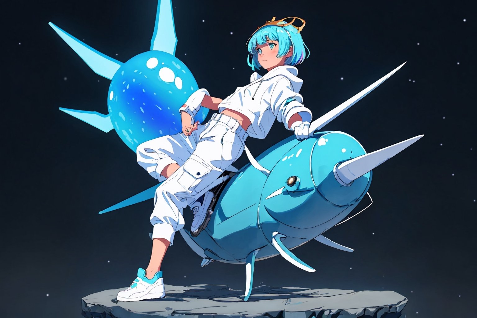 (master piece), vivid, manly, 20 years old, blue pupils, wavi short hair,multicolor hair, cyan bangs, white hoddies, cargo pants, black shoes, white gloves, white ring in middle finger right hand, black ring in middle finger lefthand, 2 white horns in head,light chocolate skin, molten blue lava in the background, stars in the background, sixpack, lazy pose, white pillow, 