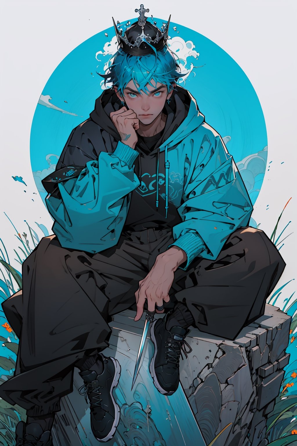 (master piece), vivid, man, male, 20 years old, blue pupils, Comma hair, multicolored hair, cyan bangs, oversized cyan hoodie, cargo pants, black shoes, white gloves, white ring in middle finger right hand, black ring in middle finger lefthand, light brown skin, meadow background, eyebags, muscular_body, one person in frame, crown, face focus portrait, hand in pocket,perfect, swords
,1boy,weapon, sit pose,