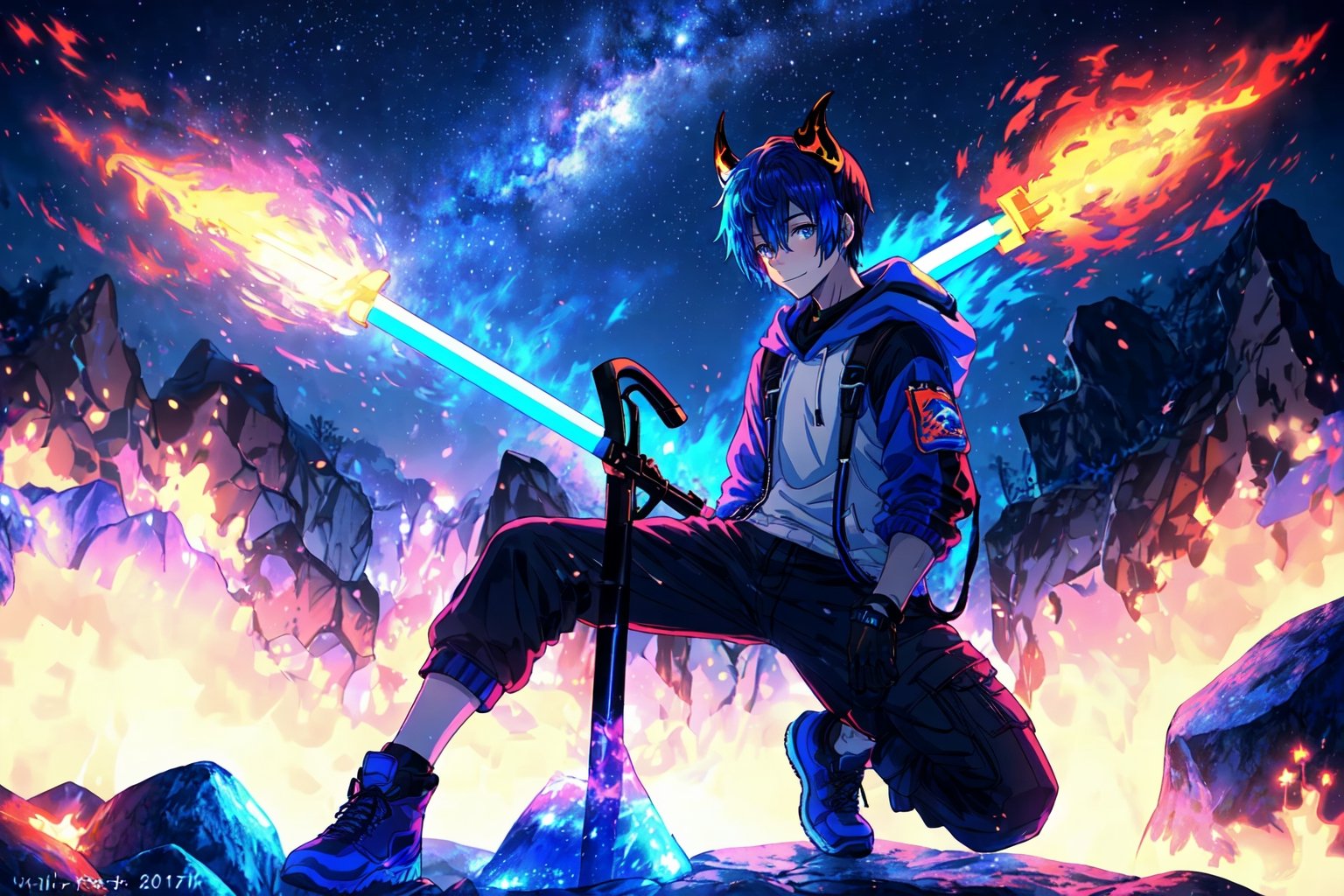 (master piece), vivid, masculine, male, 20 years old, blue pupils, wolfcut hair, multicolored hair, cyan bangs, white hoddies, cargo pants, black shoes, white gloves, white ring in middle finger right hand, black ring in middle finger lefthand, 2 white horns in head,dark skin, fire in the background, stars in the background, molten blue lava in thebackground, sixpack, lazy pose,weapon,midjourney, eyebags, fire blue scythe, smirk