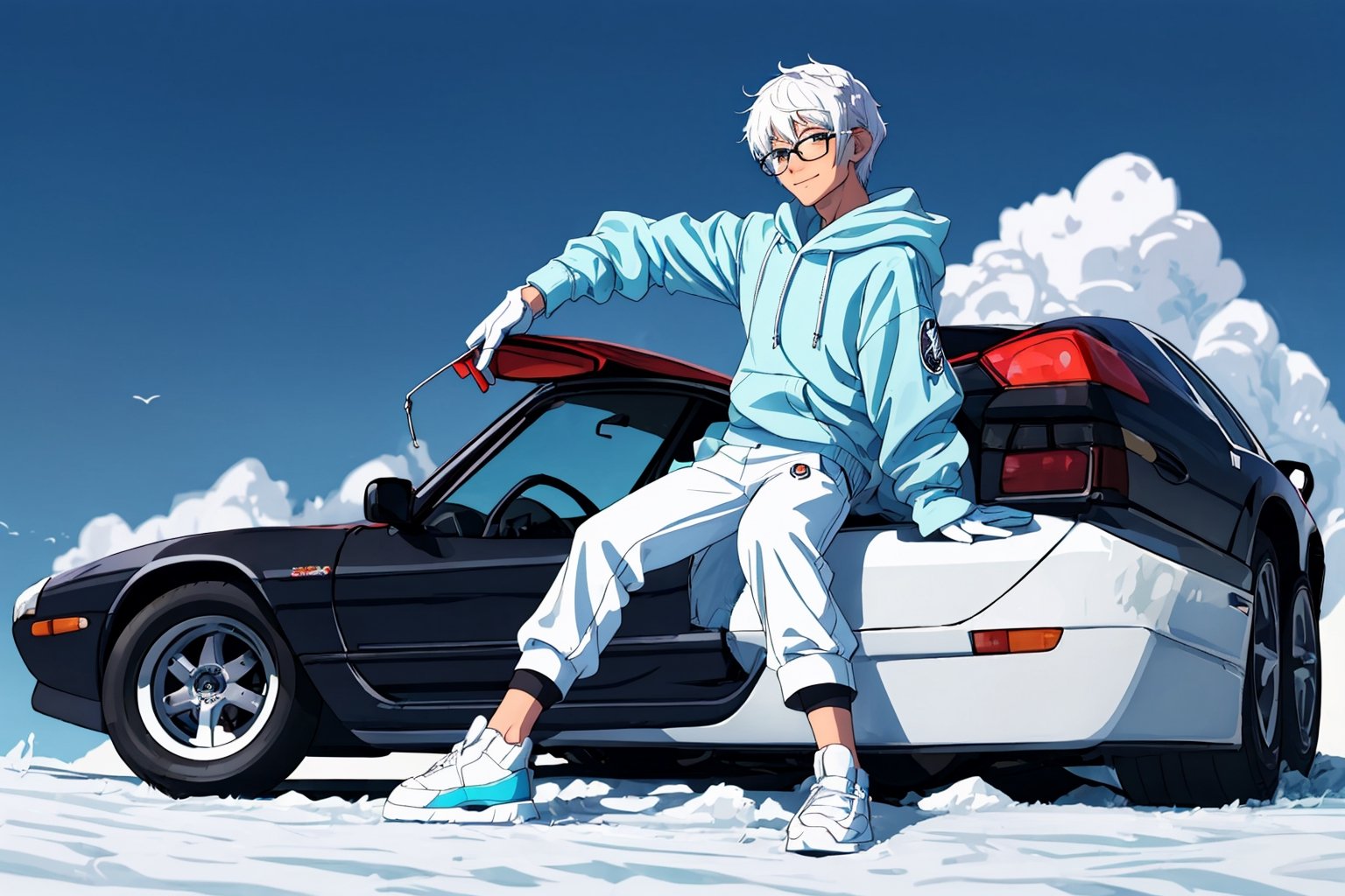 (master piece), vivid, boy, 17 years old, blue pupils, white wolf aura, short wolfcut hair,multicolor hair, cyan bangs, white hoddies, cargo pants, black shoes, white gloves, white ring in middle finger right hand, black ring in middle finger lefthand, 2 white horns in head,light chocolate skin, molten lava in the background, sixpack, smirk,weapon, lazy pose, white pillow, mazda rx7 in background, eyeglass