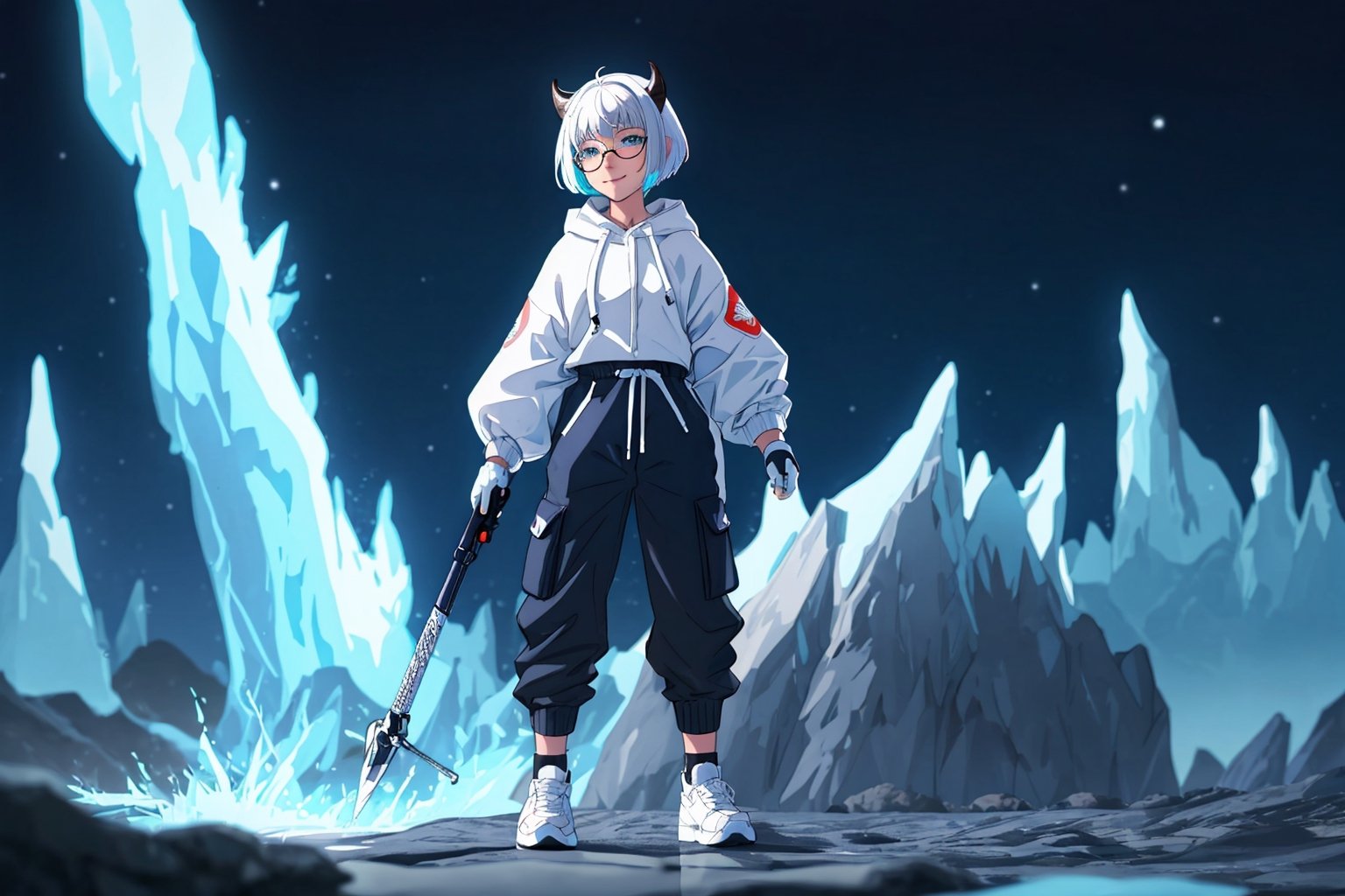 (master piece), vivid, men, 18 years old, blue pupils, white wolf aura, short wolfcut hair,multicolor hair, cyan bangs, white hoddies, cargo pants, black shoes, white gloves, white ring in middle finger right hand, black ring in middle finger lefthand, 2 white horns in head,light chocolate skin, molten blue lava in the background, stars in the background, sixpack, smirk, lazy pose, white pillow, eyeglass, eyebags