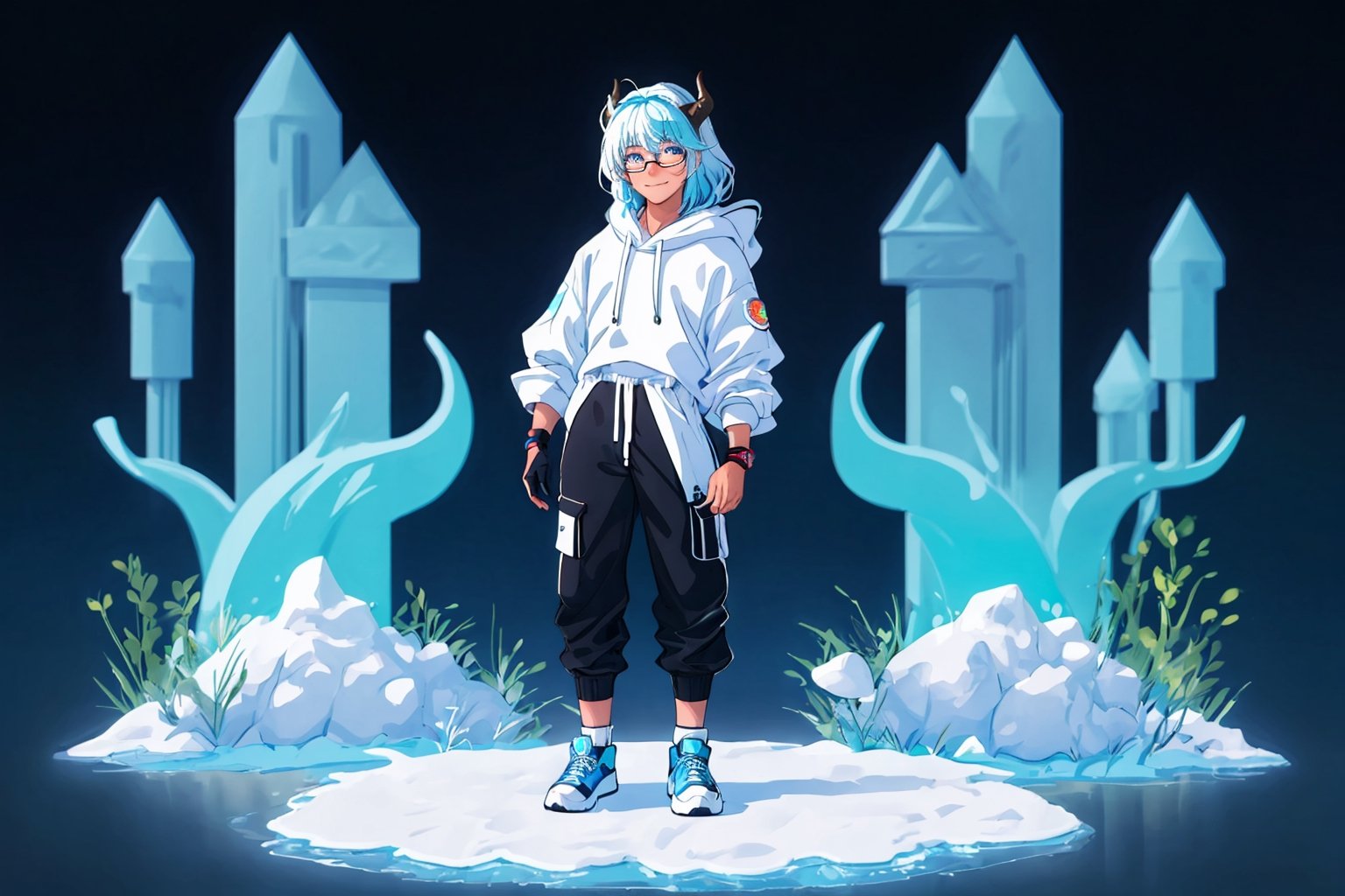 (master piece), vivid, men, 20 years old, blue pupils, white wolf aura, wavi hair,multicolor hair, cyan bangs, white hoddies, cargo pants, black shoes, white gloves, white ring in middle finger right hand, black ring in middle finger lefthand, 2 white horns in head,light chocolate skin, molten blue lava in the background, stars in the background, sixpack, smirk, lazy pose, white pillow, eyeglass