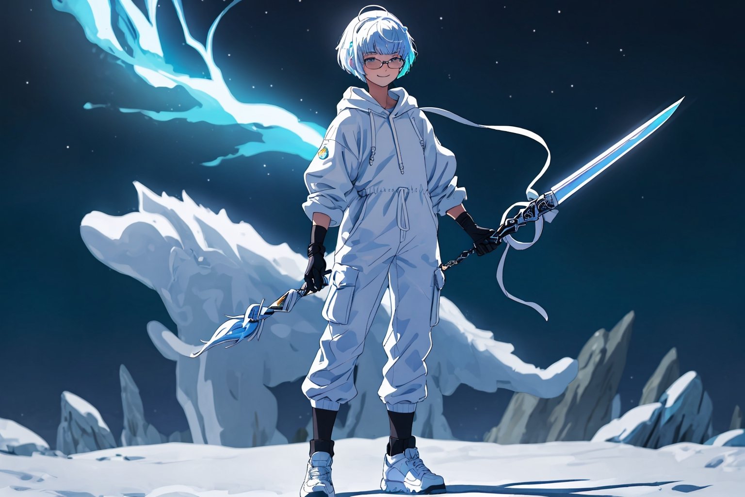 (master piece), vivid, men, 18 years old, blue pupils, white wolf aura, short wolfcut hair,multicolor hair, cyan bangs, white hoddies, cargo pants, black shoes, white gloves, white ring in middle finger right hand, black ring in middle finger lefthand, 2 white horns in head,light chocolate skin, molten blue lava in the background, stars in the background, sixpack, smirk,weapon, lazy pose, white pillow, eyeglass, eyebags,schyte