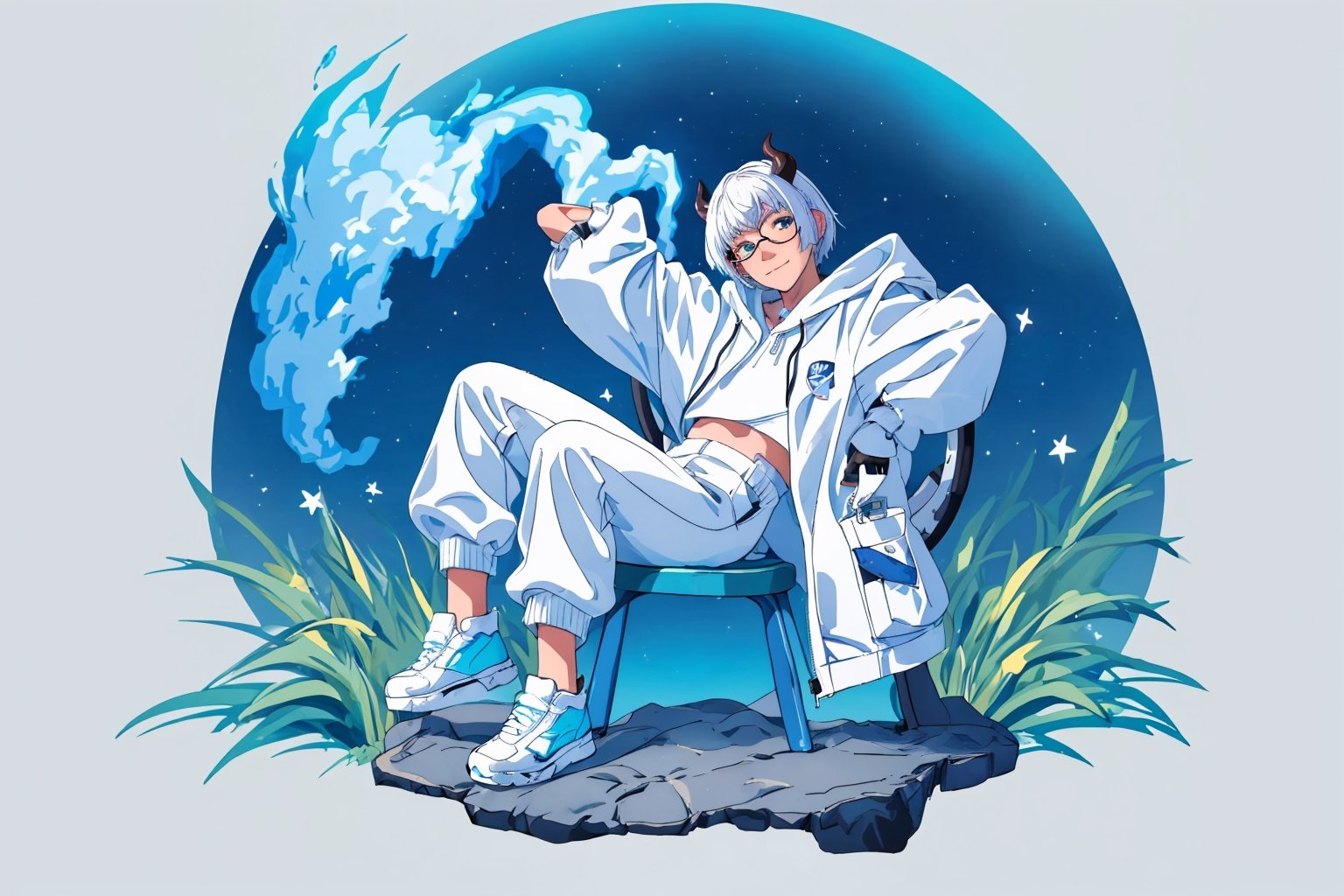 (master piece), vivid, men, 20 years old, blue pupils, white wolf aura, wavi short hair,multicolor hair, cyan bangs, white hoddies, cargo pants, black shoes, white gloves, white ring in middle finger right hand, black ring in middle finger lefthand, 2 white horns in head,light chocolate skin, molten blue lava in the background, stars in the background, sixpack, smirk, lazy pose, white pillow, eyeglass