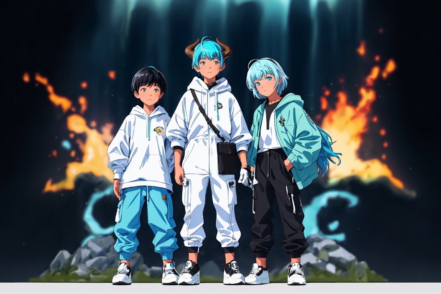 (master piece), vivid, masculine, 20 years old, blue pupils, curtaincut hair,multicolor hair, cyan bangs, white hoddies, cargo pants, black shoes, white gloves, white ring in middle finger right hand, black ring in middle finger lefthand, 2 white horns in head,light chocolate skin, fire in the background, stars in the background, sixpack, lazy pose