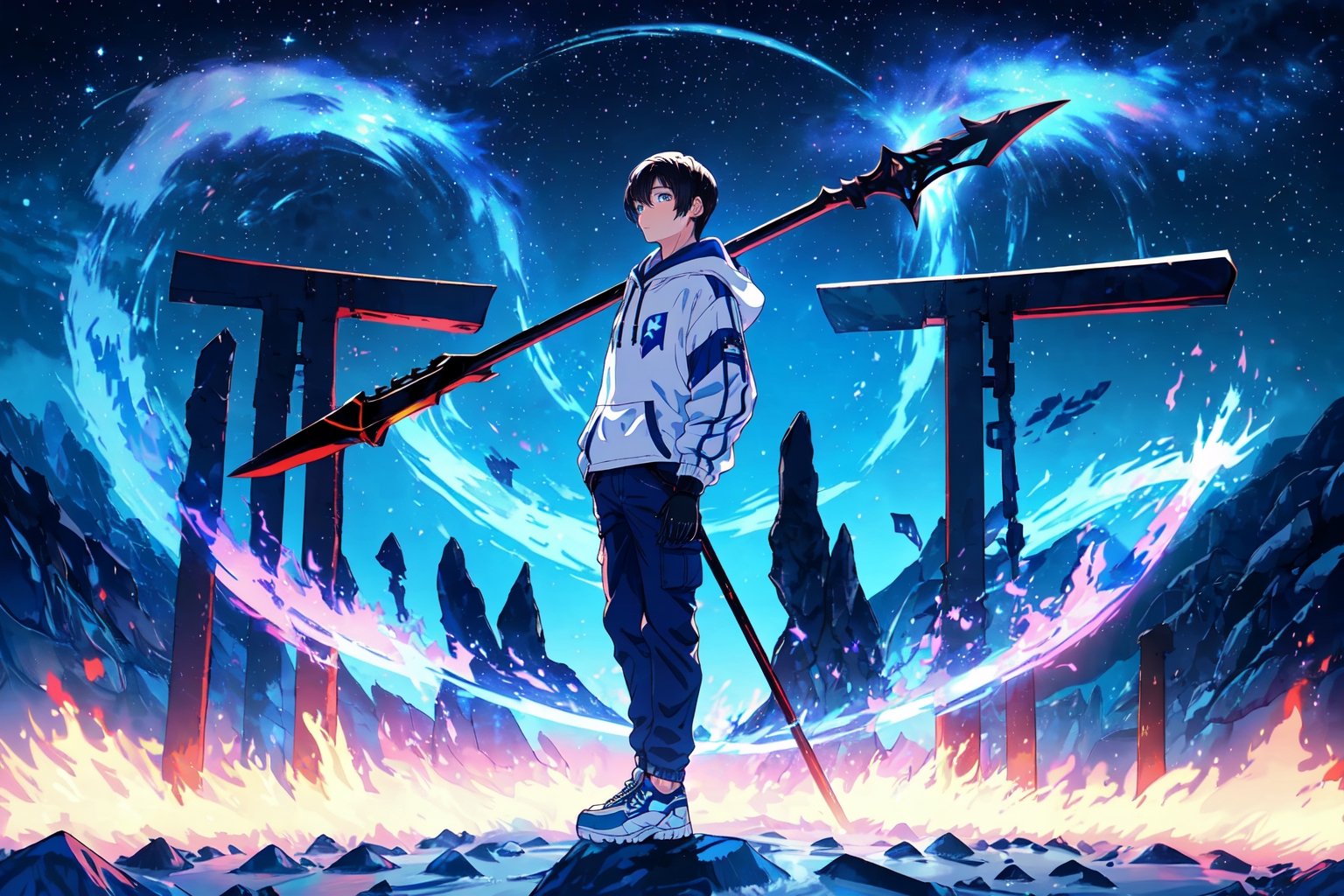 (master piece), vivid, masculine, male, 20 years old, blue pupils, wolfcut hair,multicolor hair, cyan bangs, white hoddies, cargo pants, black shoes, white gloves, white ring in middle finger right hand, black ring in middle finger lefthand, 2 white horns in head,chocolate skin, fire in the background, stars in the background, molten blue lava in thebackground, sixpack, lazy pose,weapon,midjourney, eyebags, fire blue scythe, little bit black hair