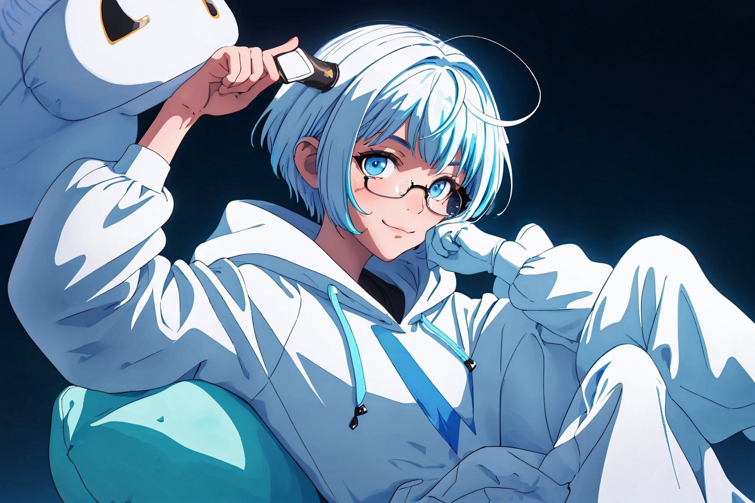 (master piece), vivid, boy, 17 years old, blue pupils, white wolf aura, short wolfcut hair,multicolor hair, cyan bangs, white hoddies, cargo pants, black shoes, white gloves, white ring in middle finger right hand, black ring in middle finger lefthand, 2 white horns in head,light chocolate skin, molten blue lava in the background, stars in the background, sixpack, smirk,weapon, lazy pose, white pillow, eyeglass, eyebags,schyte