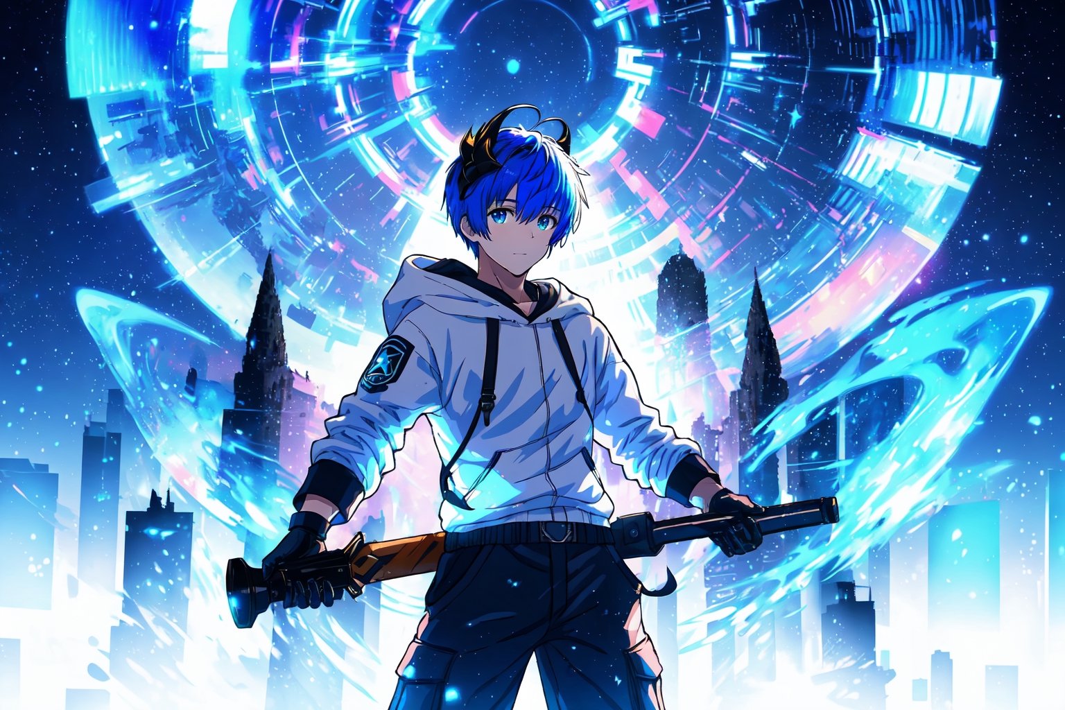 (master piece), vivid, masculine, male, 20 years old, blue pupils, curtaincut hair,multicolor hair, cyan bangs, white hoddies, cargo pants, black shoes, white gloves, white ring in middle finger right hand, black ring in middle finger lefthand, 2 white horns in head,light chocolate skin, fire in the background, stars in the background, sixpack, lazy pose,weapon,midjourney