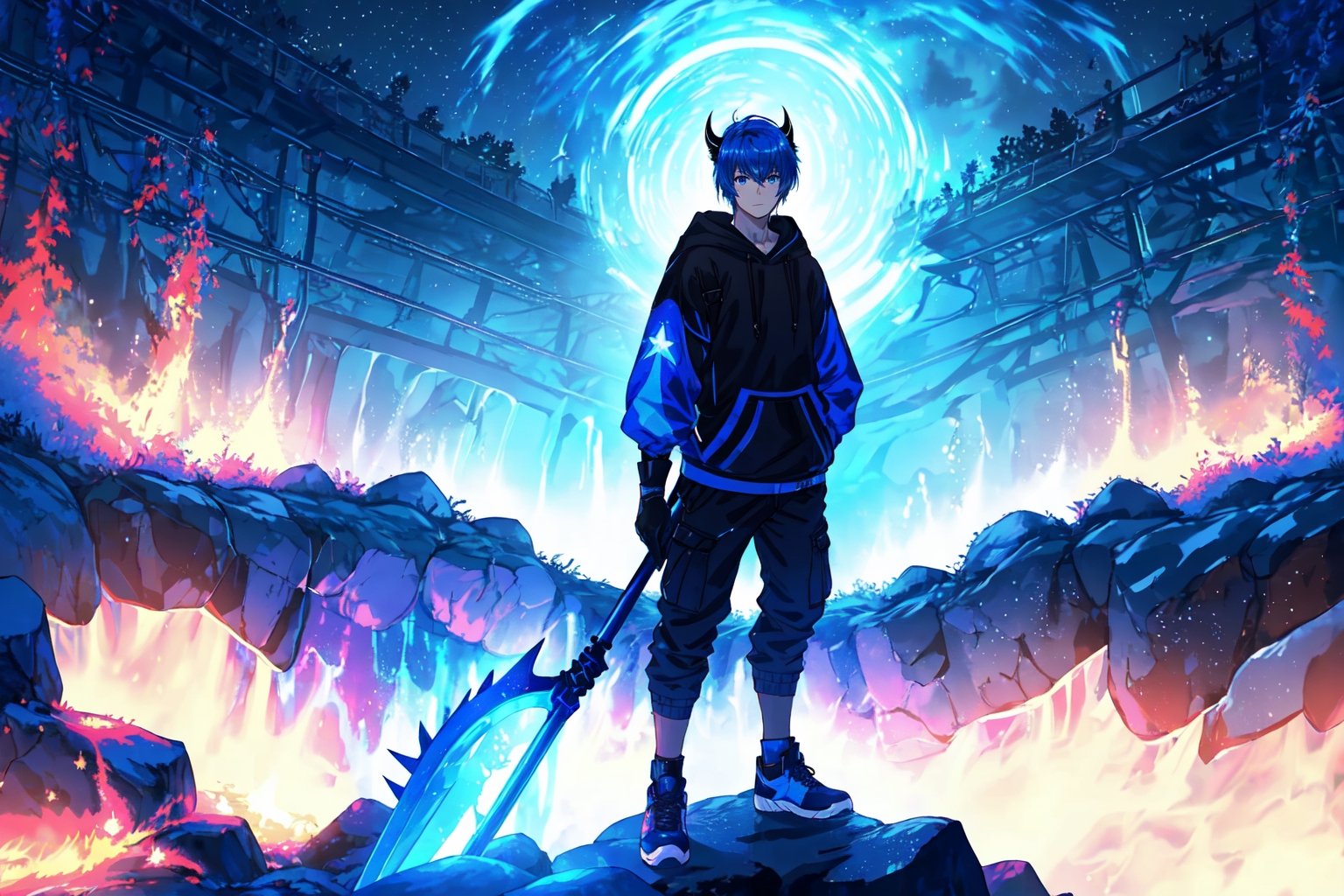 (master piece), vivid, masculine, male, 20 years old, blue pupils, wolfcut hair,multicolor hair, cyan bangs, white hoddies, cargo pants, black shoes, white gloves, white ring in middle finger right hand, black ring in middle finger lefthand, 2 white horns in head,chocolate skin, fire in the background, stars in the background, molten blue lava in thebackground, sixpack, lazy pose,weapon,midjourney, eyebags, fire blue scythe