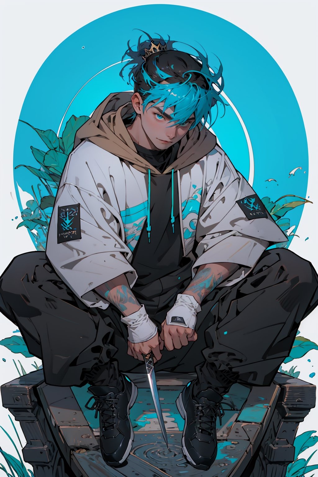 (master piece), vivid, man, male, 20 years old, blue pupils, Comma hair, multicolored hair, cyan bangs, oversized cyan hoodie, cargo pants, black shoes, white gloves, white ring in middle finger right hand, black ring in middle finger lefthand, light brown skin, meadow background, eyebags, muscular_body, one person in frame, crown, face focus portrait, hand in pocket,perfect, swords
,1boy,weapon, sit in horse pose,
