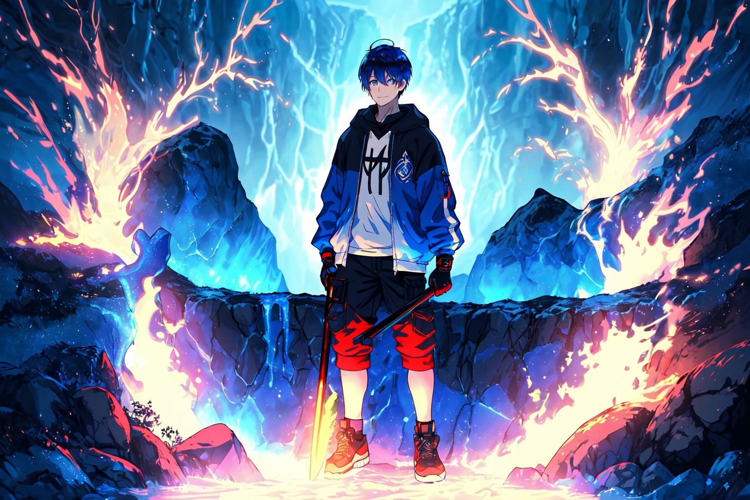 (master piece), vivid, masculine, male, 20 years old, blue pupils, wolfcut hair, multicolored hair, cyan bangs, white hoddies, cargo pants, black shoes, white gloves, white ring in middle finger right hand, black ring in middle finger lefthand, 2 white horns in head,dark skin, fire in the background, stars in the background, molten blue lava in thebackground, sixpack, lazy pose,weapon,midjourney, eyebags, fire blue scythe, smirk