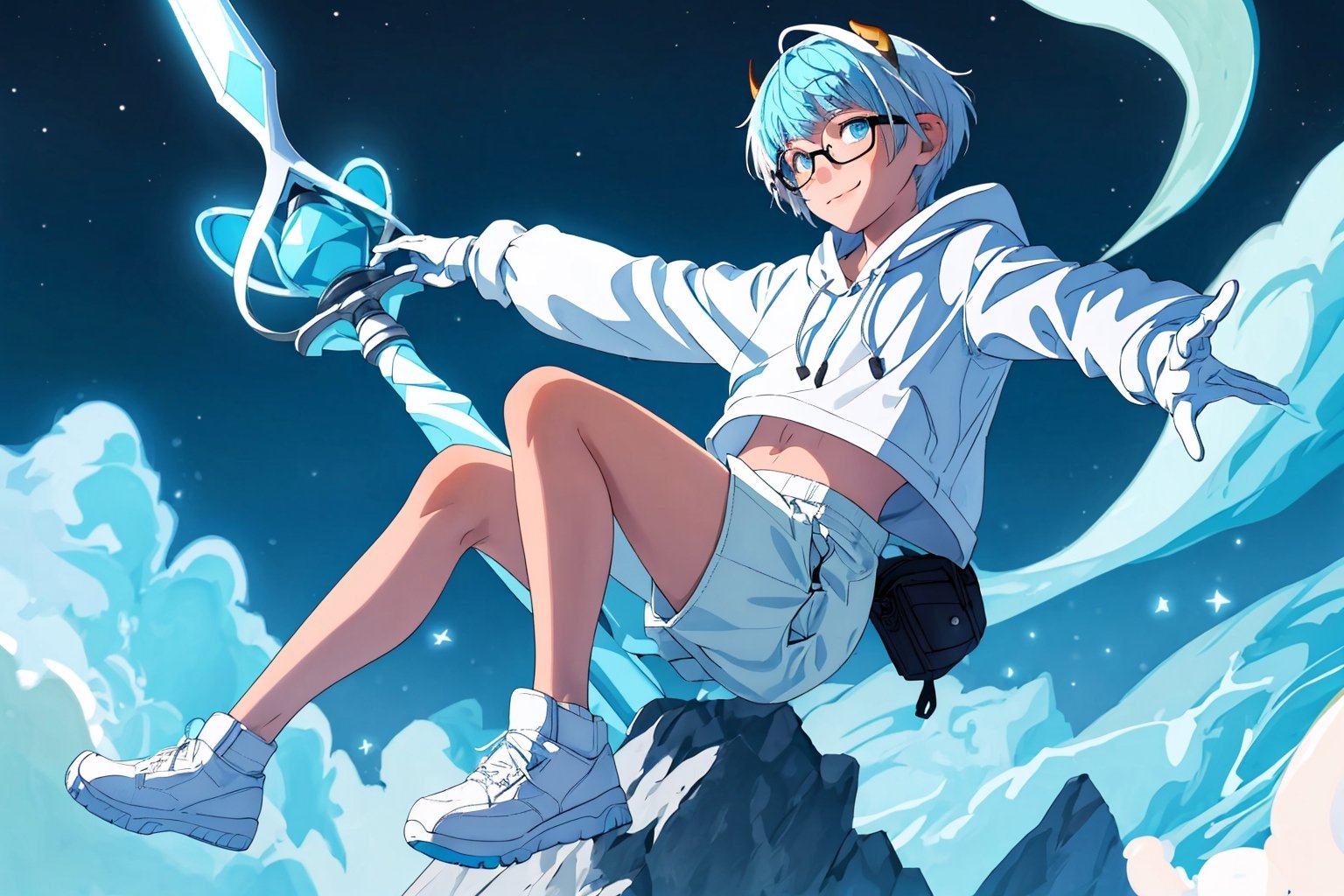 (master piece), vivid, boy, 17 years old, blue pupils, white wolf aura, short wolfcut hair,multicolor hair, cyan bangs, white hoddies, cargo pants, black shoes, white gloves, white ring in middle finger right hand, black ring in middle finger lefthand, 2 white horns in head,light chocolate skin, molten blue lava in the background, stars in the background, sixpack, smirk,weapon, lazy pose, white pillow, eyeglass, eyebags