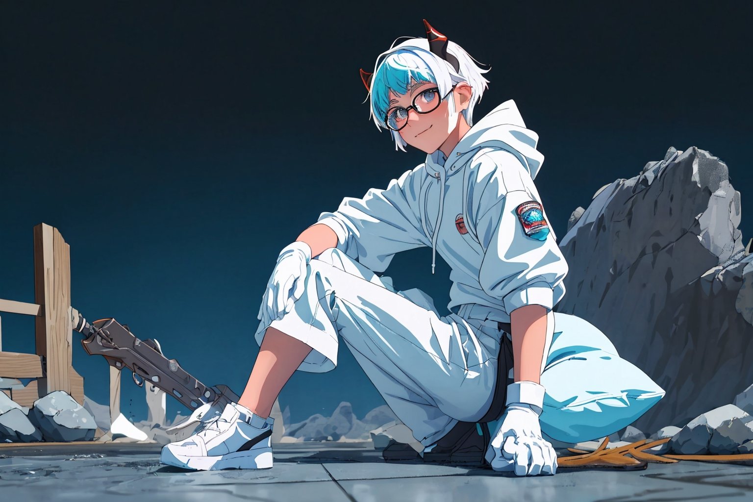 (master piece), vivid, boy, 17 years old, blue pupils, white wolf aura, short wolfcut hair,multicolor hair, cyan bangs, white hoddies, cargo pants, black shoes, white gloves, white ring in middle finger right hand, black ring in middle finger lefthand, 2 white horns in head,light chocolate skin, molten lava in the background, sixpack, smirk,weapon, lazy pose, white pillow, mazda rx7 in background, eyeglass