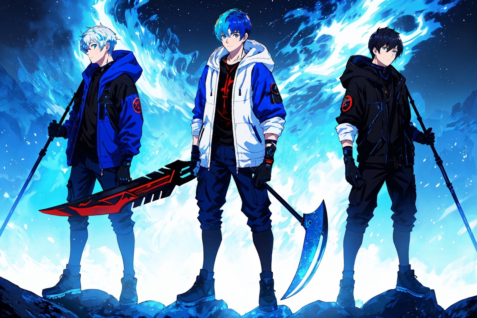 (master piece), vivid, masculine, male, 20 years old, blue pupils, wolfcut hair,multicolor hair, cyan bangs, white hoddies, cargo pants, black shoes, white gloves, white ring in middle finger right hand, black ring in middle finger lefthand, 2 white horns in head,chocolate skin, fire in the background, stars in the background, molten blue lava in thebackground, sixpack, lazy pose,weapon,midjourney, eyebags, fire blue scythe