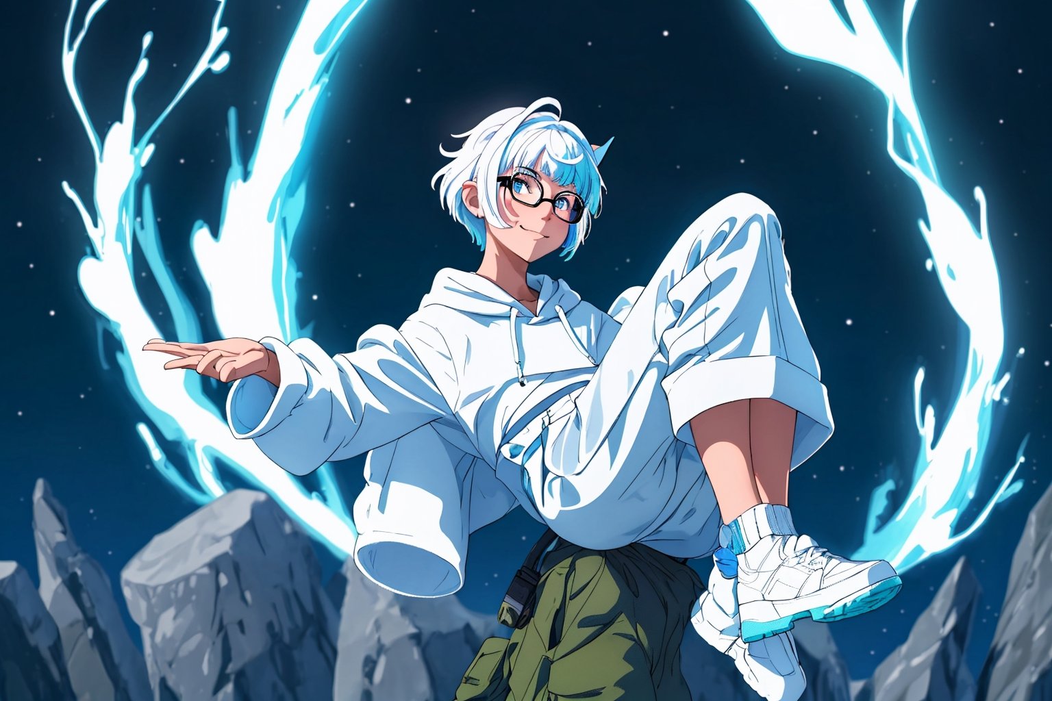 (master piece), vivid, men, 20 years old, blue pupils, white wolf aura, short wolfcut hair,multicolor hair, cyan bangs, white hoddies, cargo pants, black shoes, white gloves, white ring in middle finger right hand, black ring in middle finger lefthand, 2 white horns in head,light chocolate skin, molten blue lava in the background, stars in the background, sixpack, smirk, lazy pose, white pillow, eyeglass