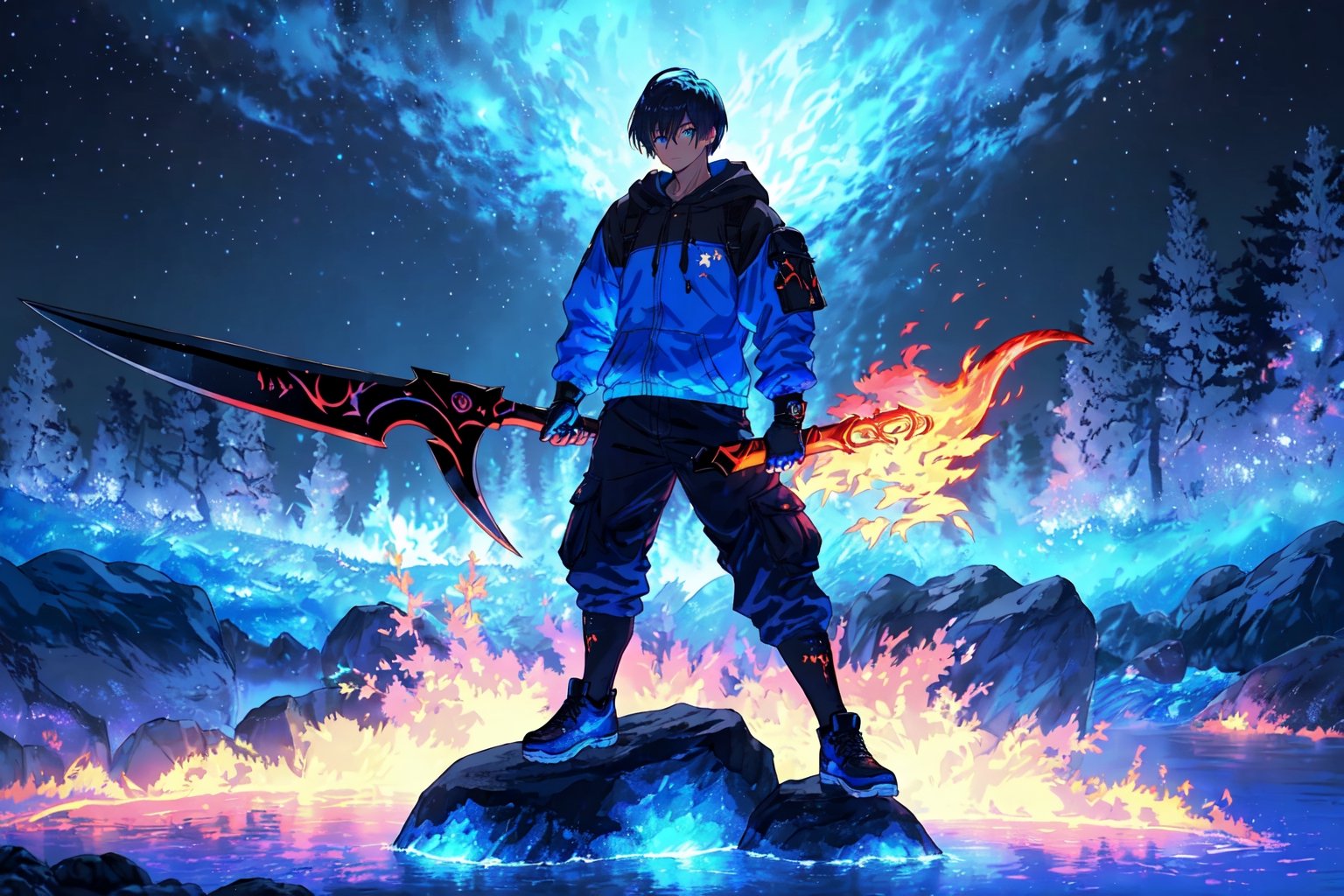 (master piece), vivid, masculine, male, 20 years old, blue pupils, wolfcut hair,multicolor hair, cyan bangs, white hoddies, cargo pants, black shoes, white gloves, white ring in middle finger right hand, black ring in middle finger lefthand, 2 white horns in head,chocolate skin, fire in the background, stars in the background, molten blue lava in thebackground, sixpack, lazy pose,weapon,midjourney, eyebags, fire blue scythe,