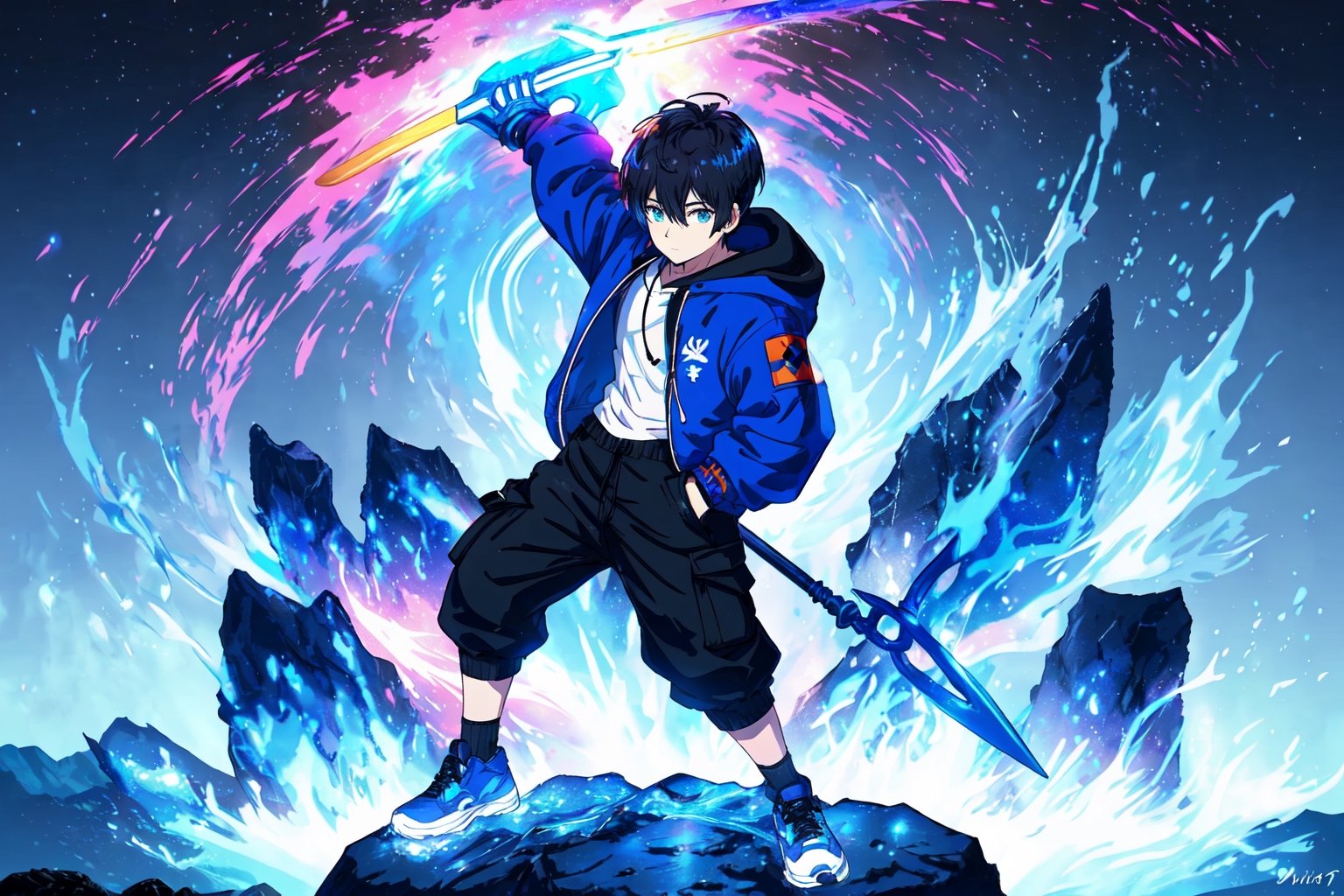 (master piece), vivid, masculine, male, 20 years old, blue pupils, wolfcut hair, multicolored hair, cyan bangs, white hoddies, cargo pants, black shoes, white gloves, white ring in middle finger right hand, black ring in middle finger lefthand, 2 white horns in head,dark skin, fire in the background, stars in the background, molten blue lava in thebackground, sixpack, lazy pose,weapon,midjourney, eyebags, fire blue scythe,