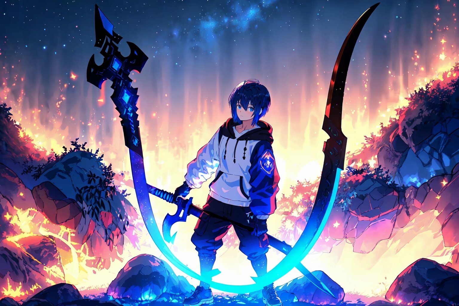 (master piece), vivid, masculine, male, 20 years old, blue pupils, wolfcut hair, multicolored hair, cyan bangs, white hoddies, cargo pants, black shoes, white gloves, white ring in middle finger right hand, black ring in middle finger lefthand, 2 white horns in head,chocolate skin, fire in the background, stars in the background, molten blue lava in thebackground, sixpack, lazy pose,weapon,midjourney, eyebags, fire blue scythe,