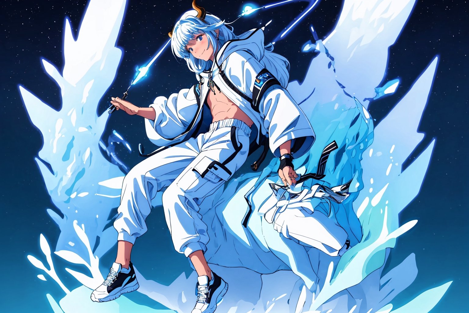 (master piece), vivid, men, 20 years old, blue pupils, white wolf aura, wavi hair,multicolor hair, cyan bangs, white hoddies, cargo pants, black shoes, white gloves, white ring in middle finger right hand, black ring in middle finger lefthand, 2 white horns in head,light chocolate skin, molten blue lava in the background, stars in the background, sixpack, smirk, lazy pose, white pillow, eyeglass