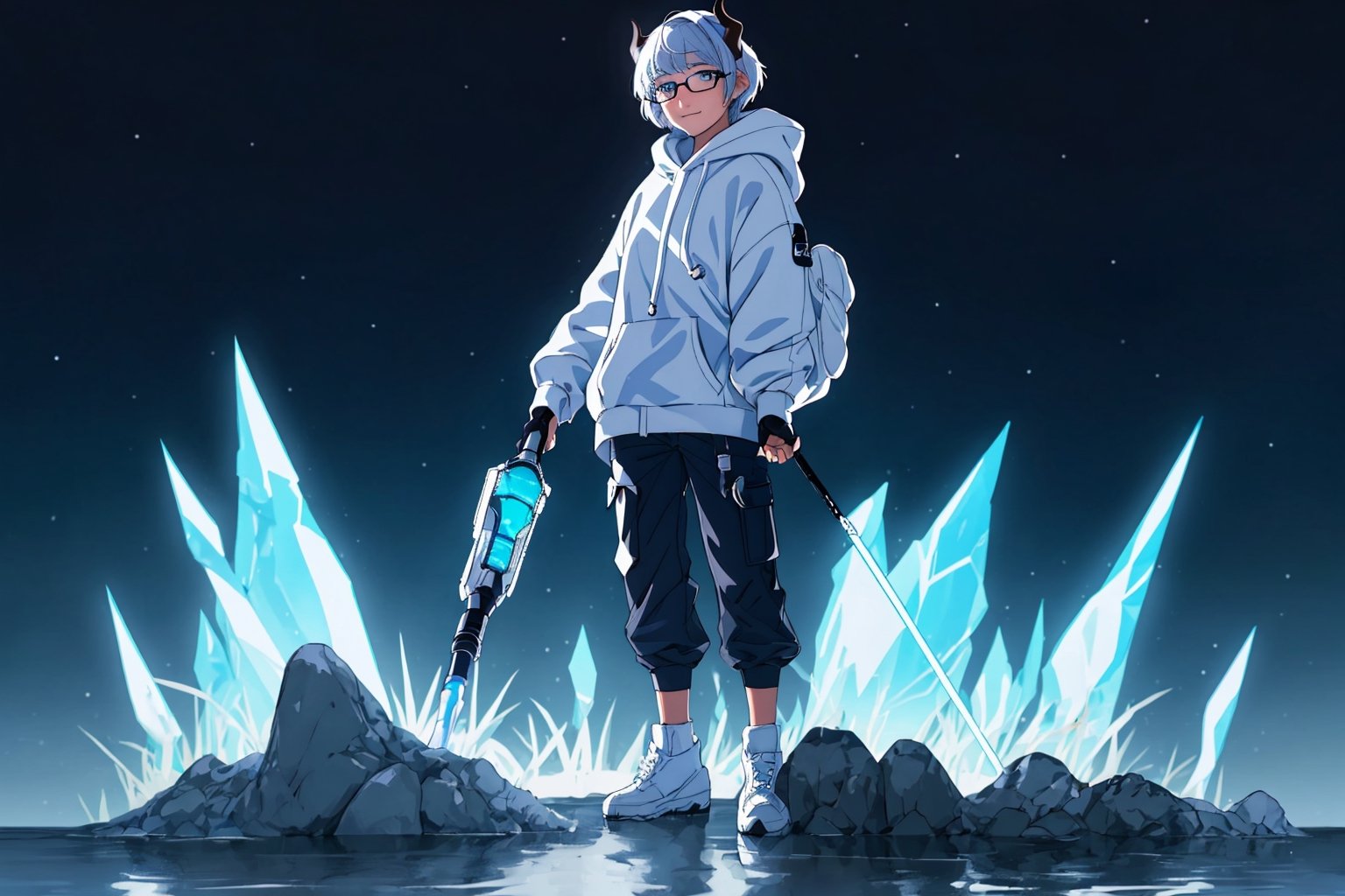 (master piece), vivid, boy, 17 years old, blue pupils, white wolf aura, short wolfcut hair,multicolor hair, cyan bangs, white hoddies, cargo pants, black shoes, white gloves, white ring in middle finger right hand, black ring in middle finger lefthand, 2 white horns in head,light chocolate skin, molten blue lava in the background, stars in the background, sixpack, smirk,weapon, lazy pose, white pillow, eyeglass, eyebags