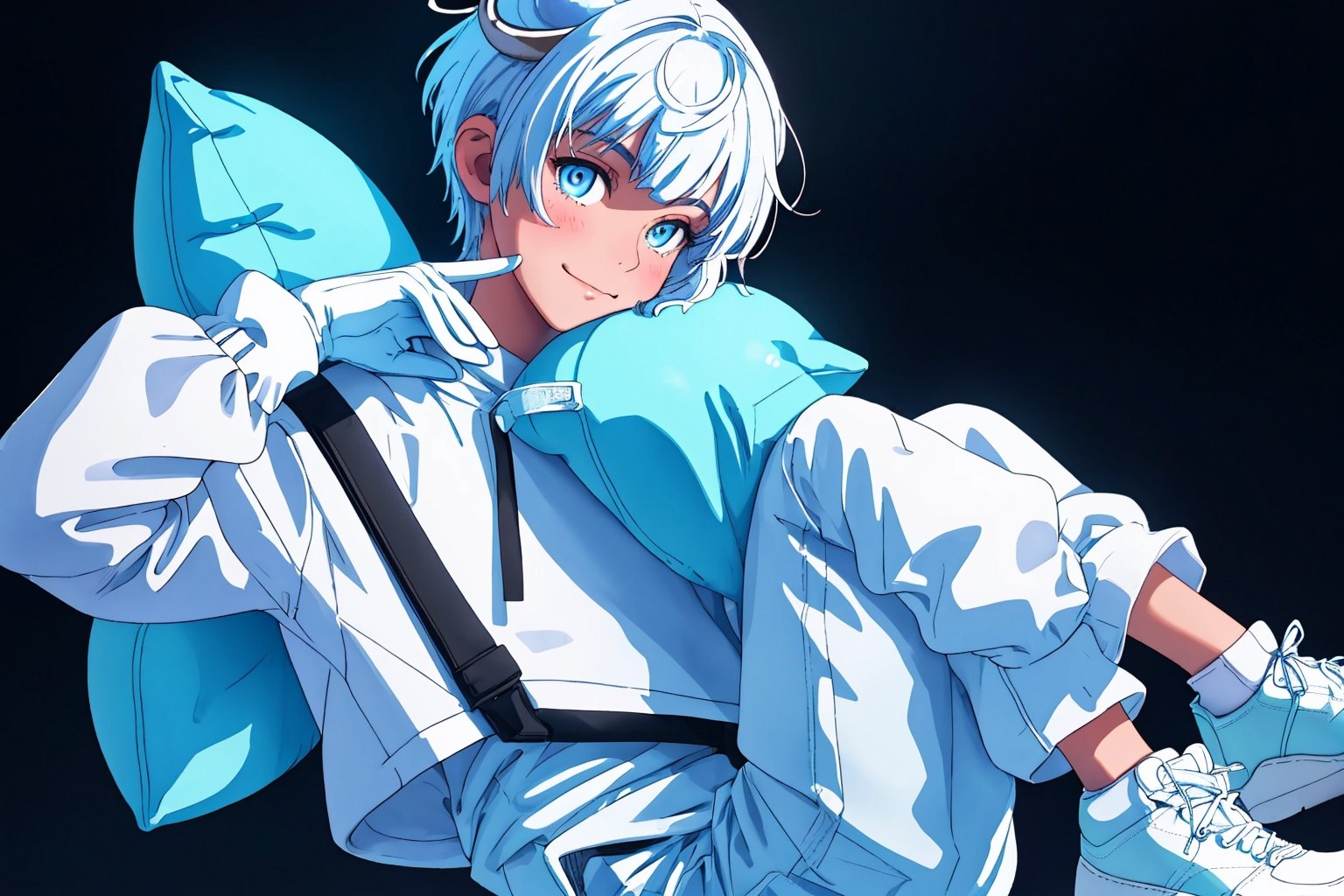 (master piece), vivid, men, 20 years old, blue pupils, white wolf aura, short wolfcut hair,multicolor hair, cyan bangs, white hoddies, cargo pants, black shoes, white gloves, white ring in middle finger right hand, black ring in middle finger lefthand, 2 white horns in head,light chocolate skin, molten blue lava in the background, stars in the background, sixpack, smirk, lazy pose, white pillow, eyeglass, eyebags