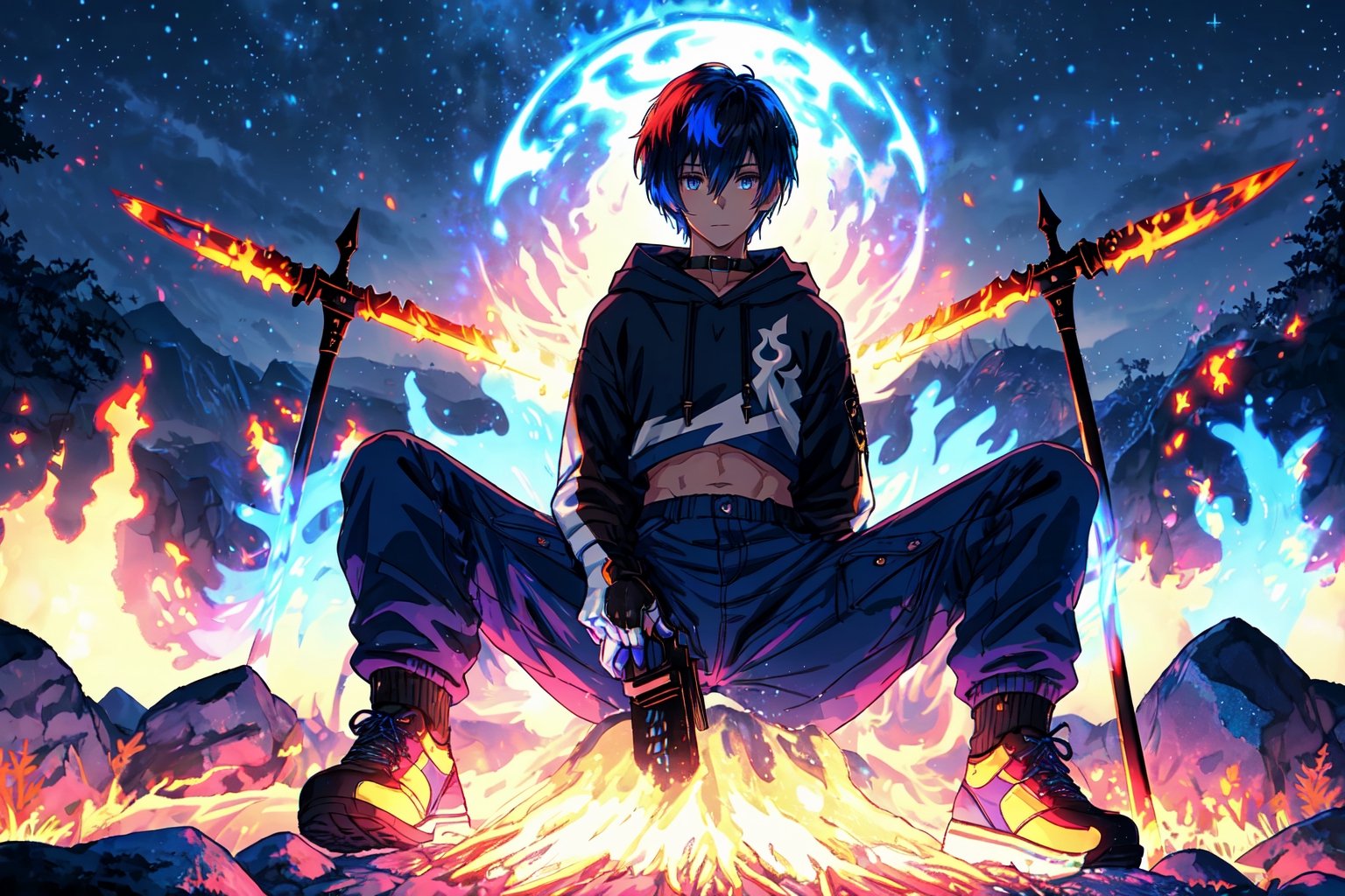 (master piece), vivid, masculine, male, 20 years old, blue pupils, wolfcut hair, multicolored hair, cyan bangs, white hoddies, cargo pants, black shoes, white gloves, white ring in middle finger right hand, black ring in middle finger lefthand, 2 white horns in head,dark skin, fire in the background, stars in the background, molten blue lava in thebackground, sixpack, lazy pose,weapon,midjourney, eyebags, fire blue scythe,